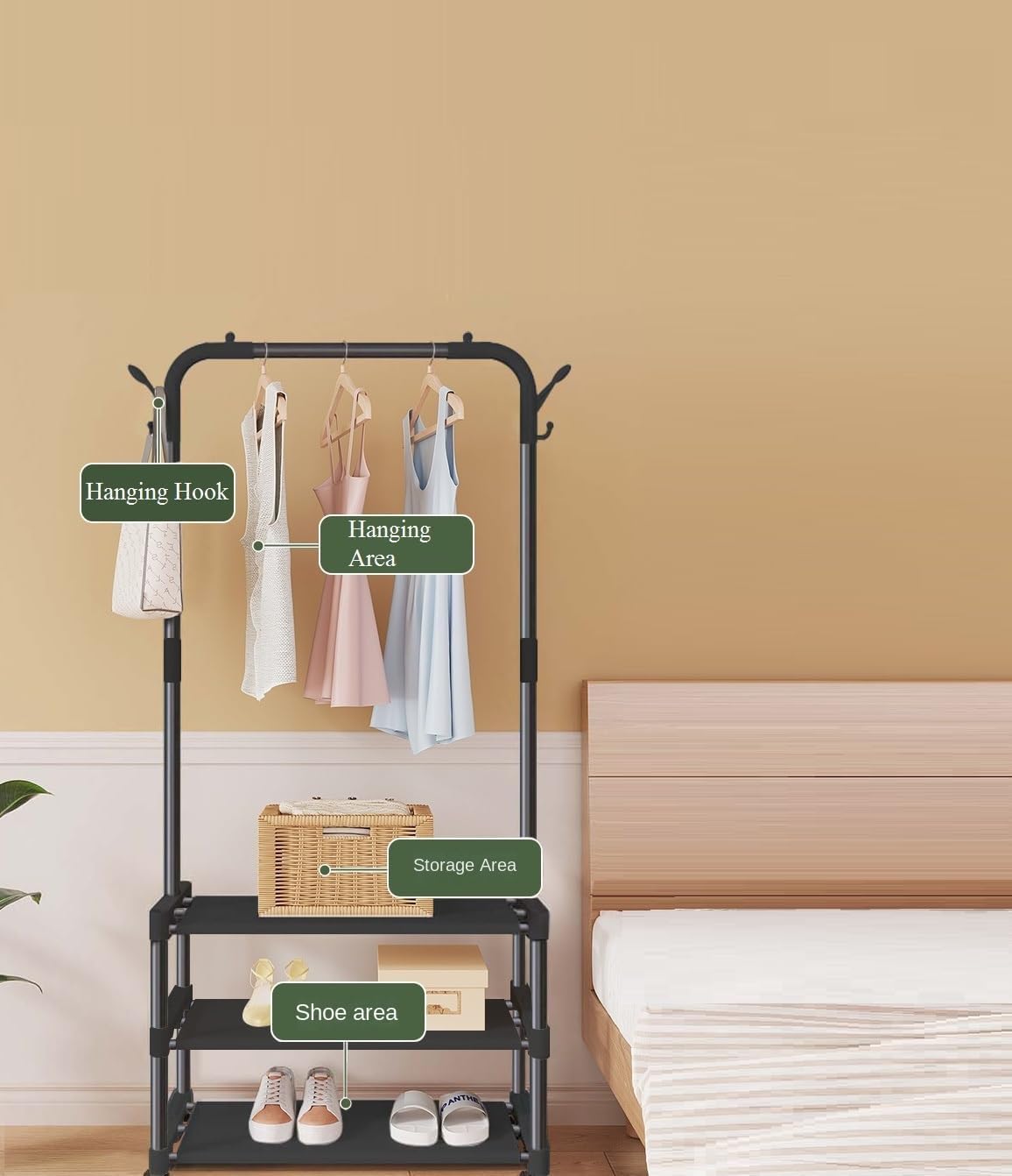 Lukzer Metal Garment Stand with 2 &amp; 3 Bottom Shelves – Durable Clothing Organizer (Black/White)
