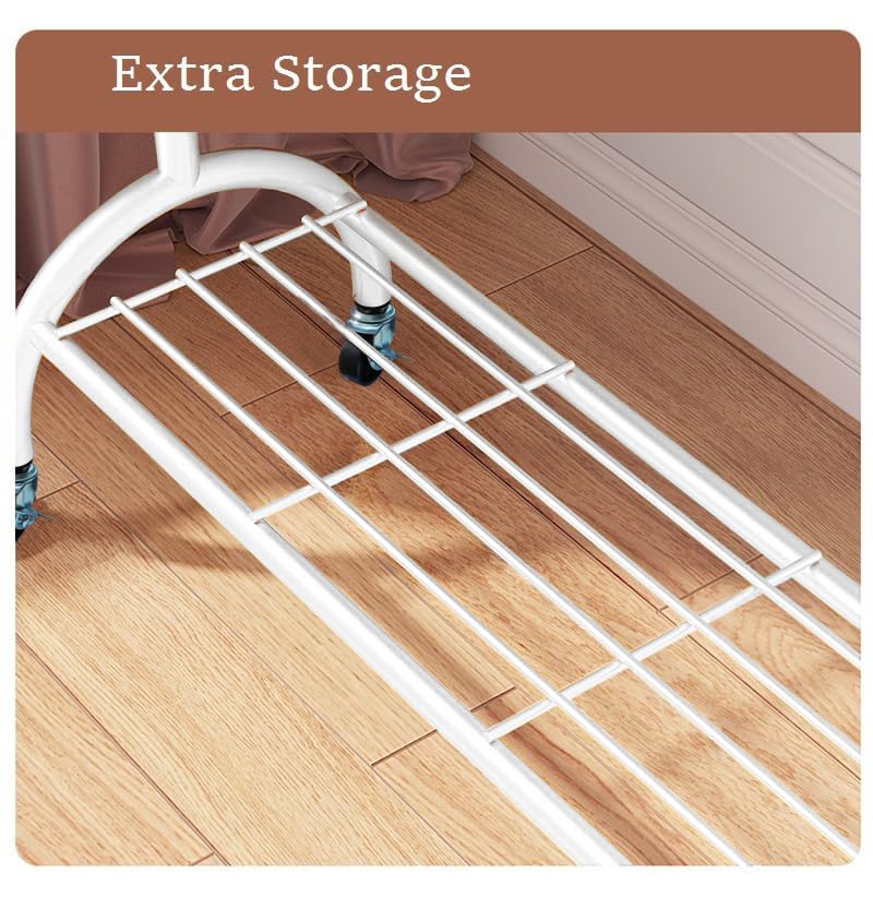 Lukzer Multi-Functional Cloth Rack Stand with Bottom Shelves &amp; Wheels – Cat Ear Design (148x120x38cm, Black/Gold/White)