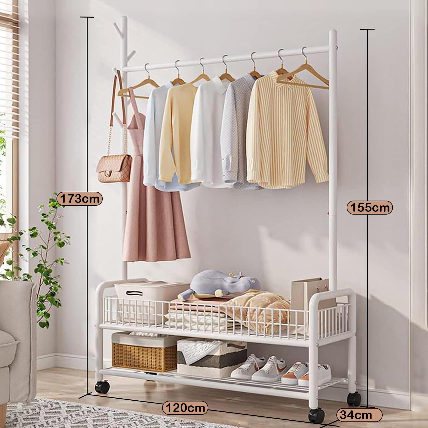 Lukzer Sturdy Garment Stand – 2 Bottom Shelves, Mesh Design, 120cm (Gold/White)