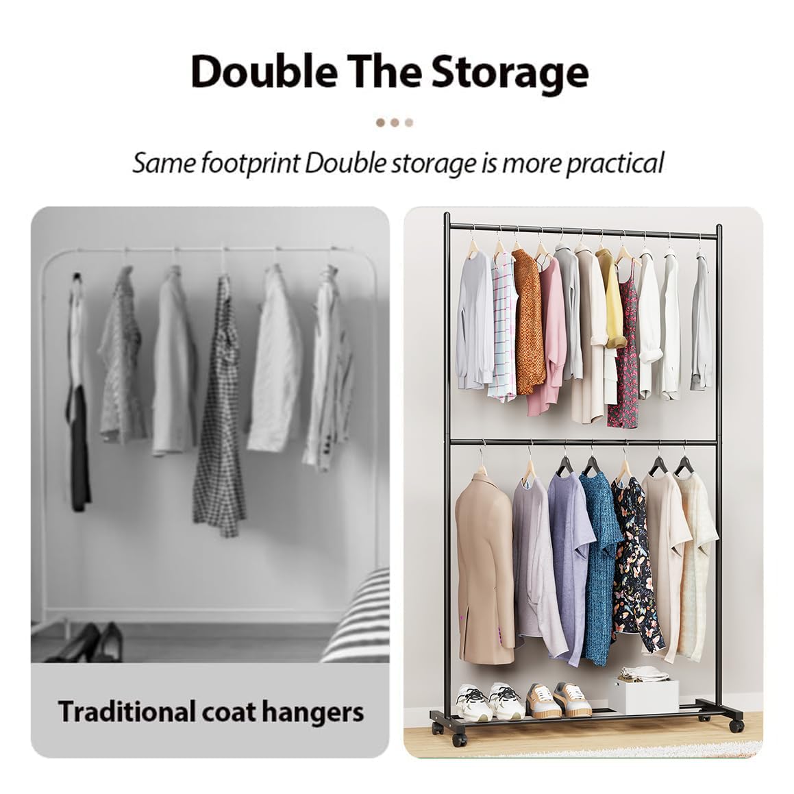 Lukzer Double Rod Cloth Stand &amp; Garment Rack – Sturdy Storage Organizer (Black/White, Model: MGS-006)