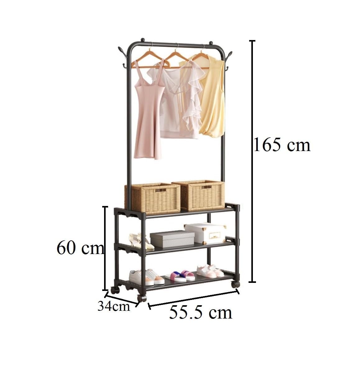 Lukzer Metal Garment Stand with 2 &amp; 3 Bottom Shelves – Durable Clothing Organizer (Black/White)