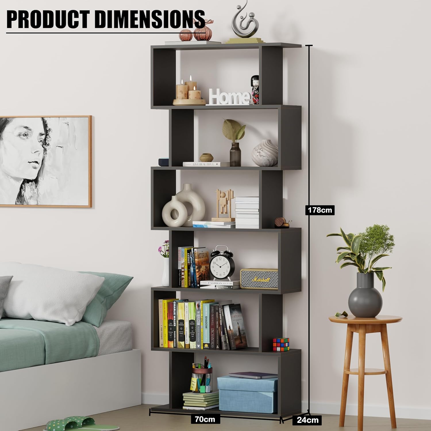 Lukzer S-Shaped 6-Tier Bookshelf – Decorative &amp; Storage Rack (Light Oak, Wenge, White, Black) (MR-002)
