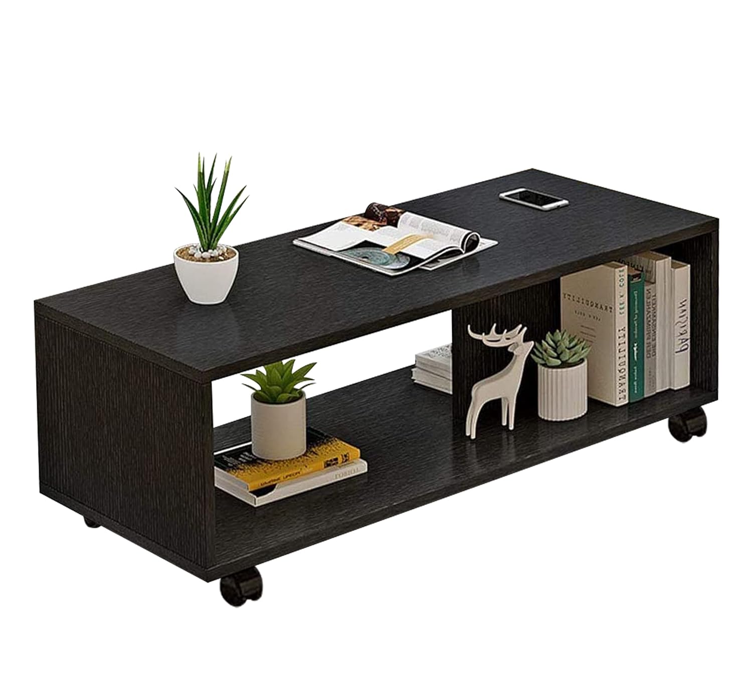 Lukzer Center Table with Open Storage &amp; Wheels – Modern Coffee Table Organizer (Light Oak, White &amp; Wenge) | CT-003