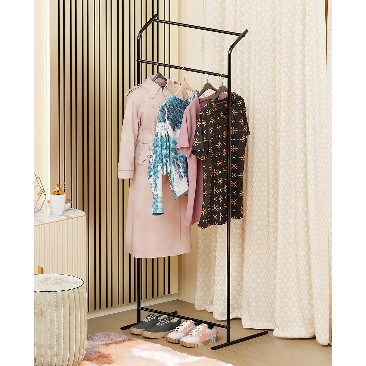 Lukzer Curve Design Double Pole Garment Rack – Sturdy Clothing Stand (Black, 160x63x43.5cm)