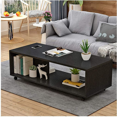 Lukzer Center Table with Open Storage & Wheels – Modern Coffee Table Organizer (Light Oak, White & Wenge) | CT-003