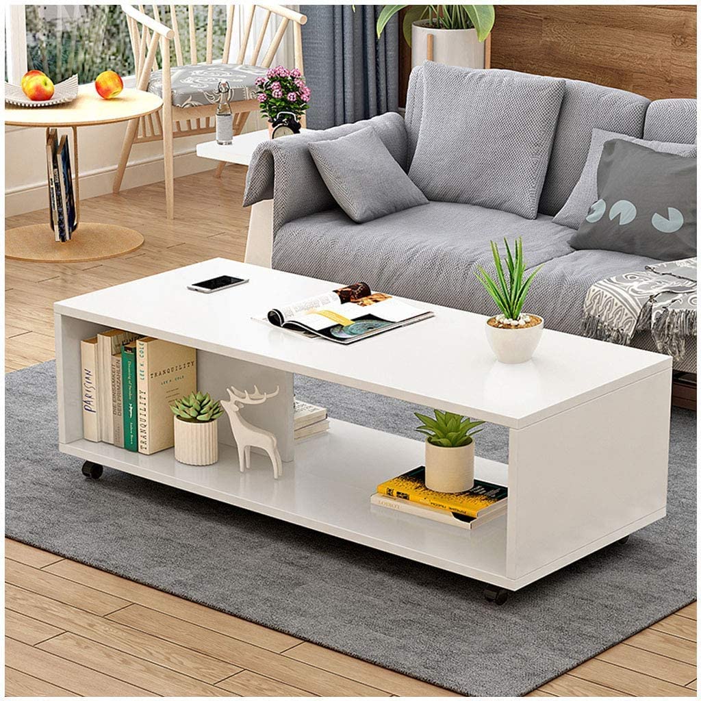 Lukzer Center Table with Open Storage &amp; Wheels – Modern Coffee Table Organizer (Light Oak, White &amp; Wenge) | CT-003