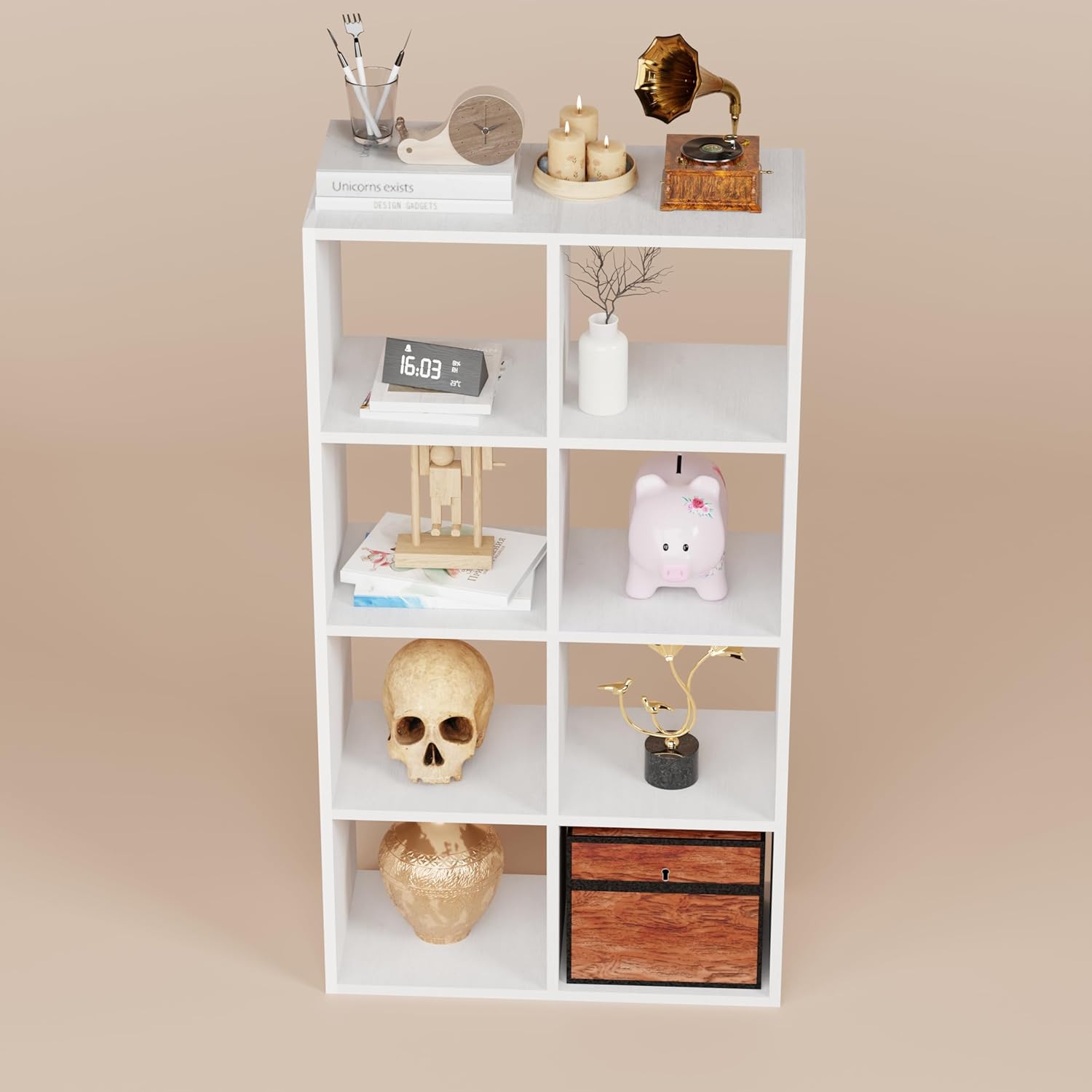 Lukzer 8-Shelf Engineered Wood Bookshelf &amp; Open Display Rack – Dual Color (White &amp; Oak Brown) | MR-009, 110x60x28 cm