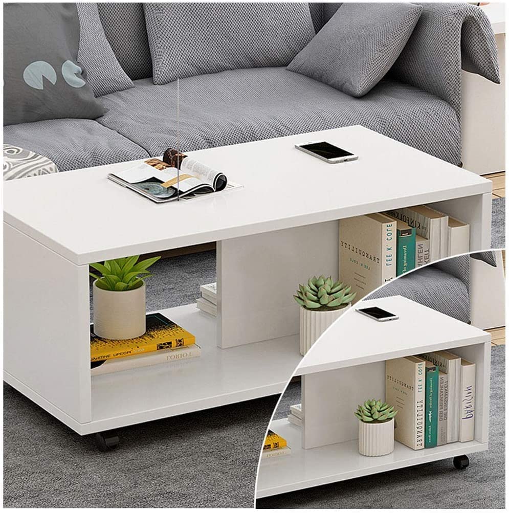 Lukzer Center Table with Open Storage &amp; Wheels – Modern Coffee Table Organizer (Light Oak, White &amp; Wenge) | CT-003