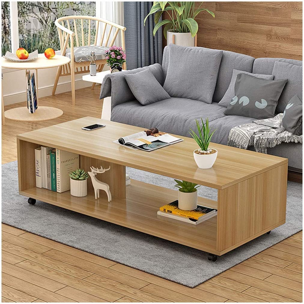 Lukzer Center Table with Open Storage &amp; Wheels – Modern Coffee Table Organizer (Light Oak, White &amp; Wenge) | CT-003