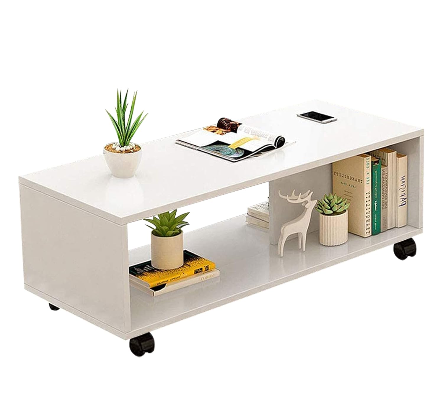 Lukzer Center Table with Open Storage &amp; Wheels – Modern Coffee Table Organizer (Light Oak, White &amp; Wenge) | CT-003