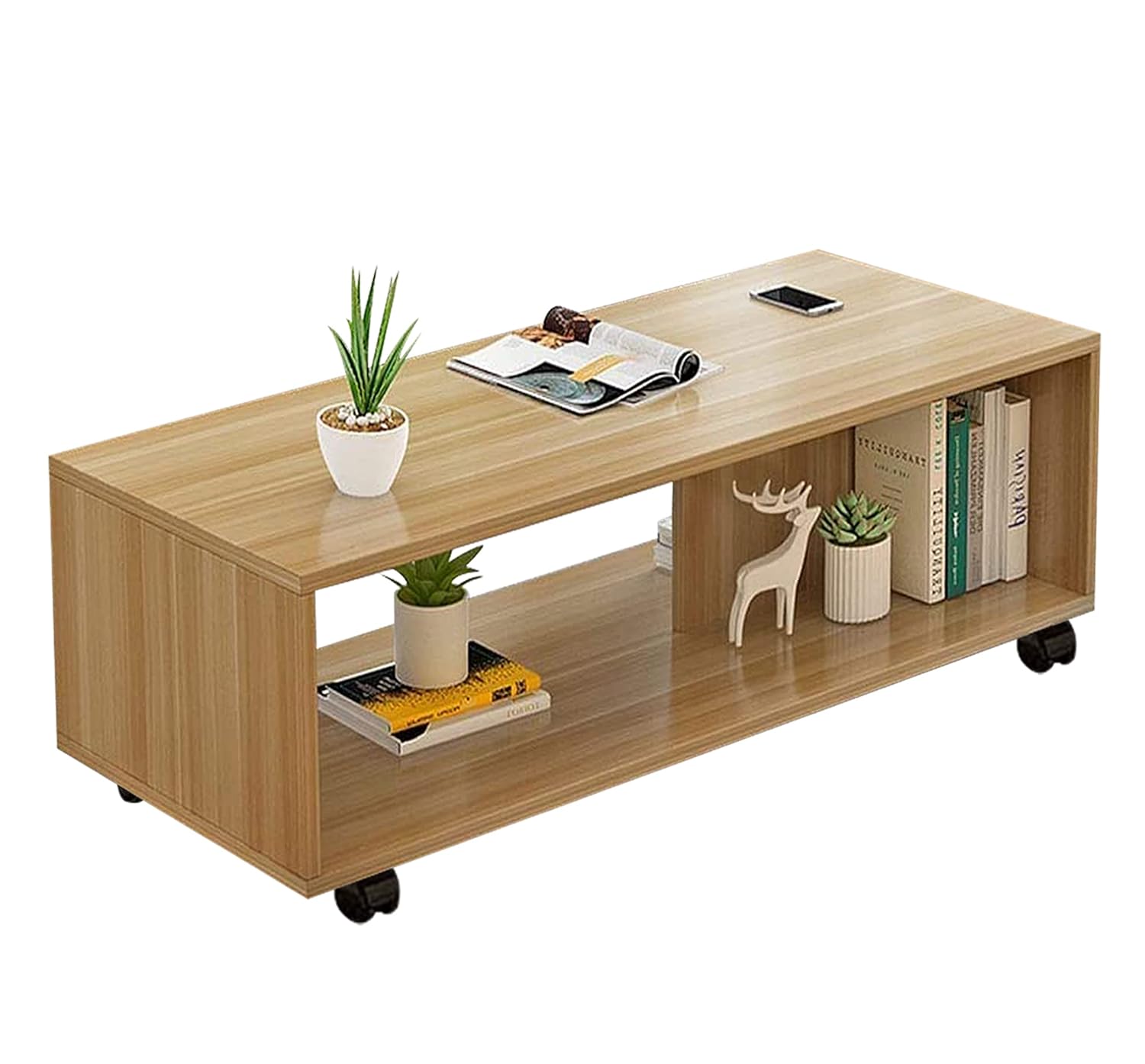 Lukzer Center Table with Open Storage &amp; Wheels – Modern Coffee Table Organizer (Light Oak, White &amp; Wenge) | CT-003