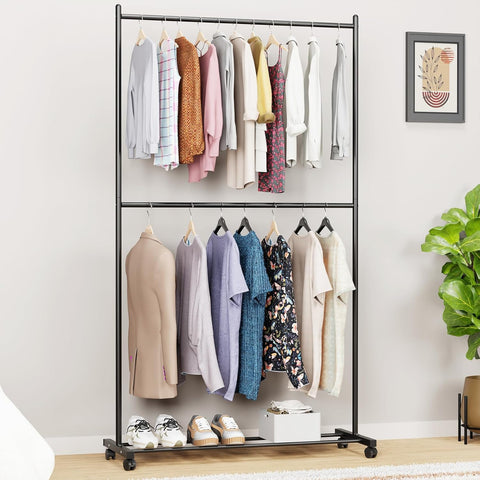 Lukzer Double Rod Cloth Stand & Garment Rack – Sturdy Storage Organizer (Black/White, Model: MGS-006)