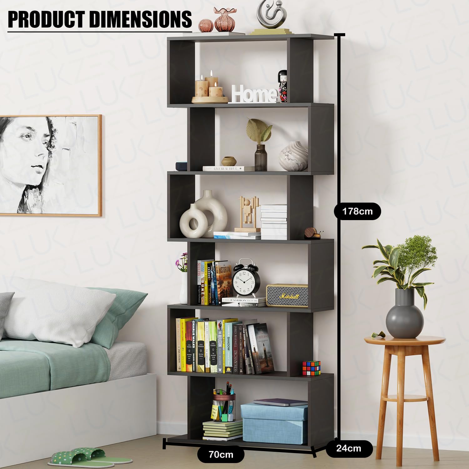 Lukzer S-Shaped 6-Tier Bookshelf – Decorative &amp; Storage Rack (Light Oak, Wenge, White, Black) (MR-002)