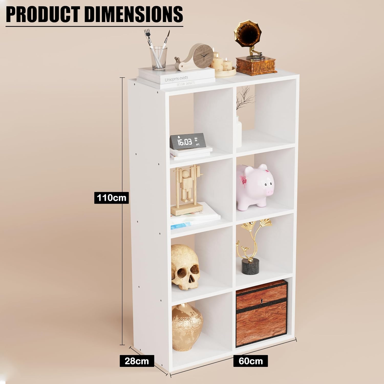 Lukzer 8-Shelf Engineered Wood Bookshelf &amp; Open Display Rack – Dual Color (White &amp; Oak Brown) | MR-009, 110x60x28 cm