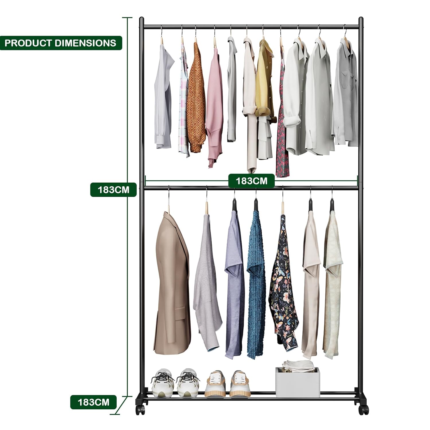 Lukzer Double Rod Cloth Stand &amp; Garment Rack – Sturdy Storage Organizer (Black/White, Model: MGS-006)