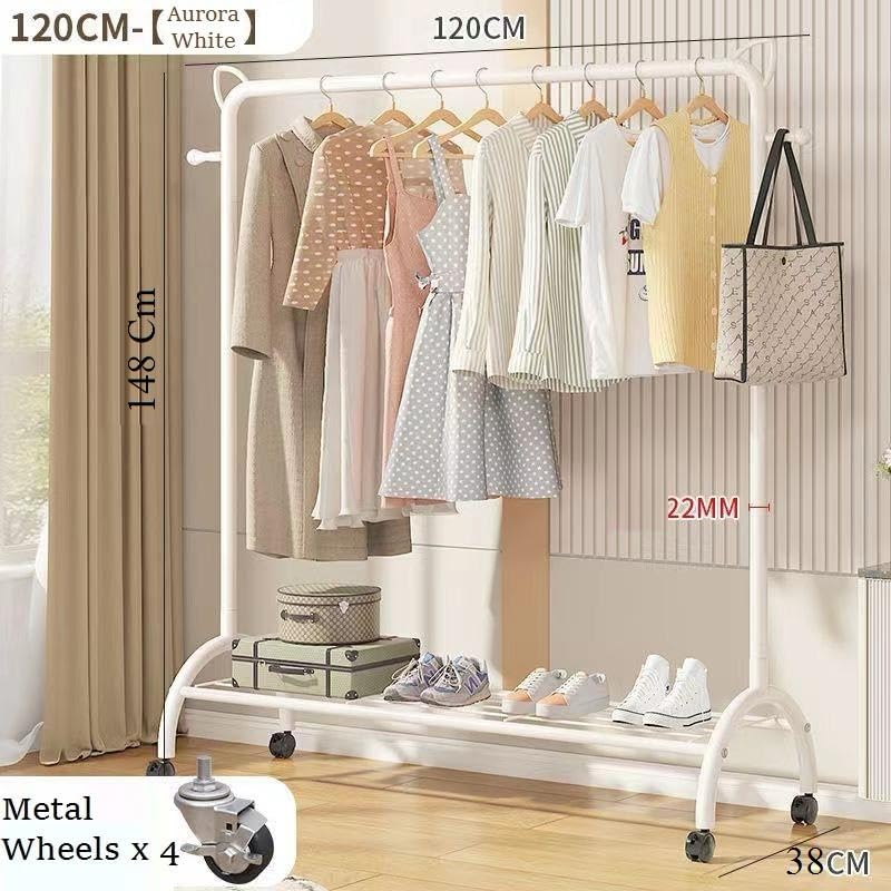Lukzer Multi-Functional Cloth Rack Stand with Bottom Shelves &amp; Wheels – Cat Ear Design (148x120x38cm, Black/Gold/White)