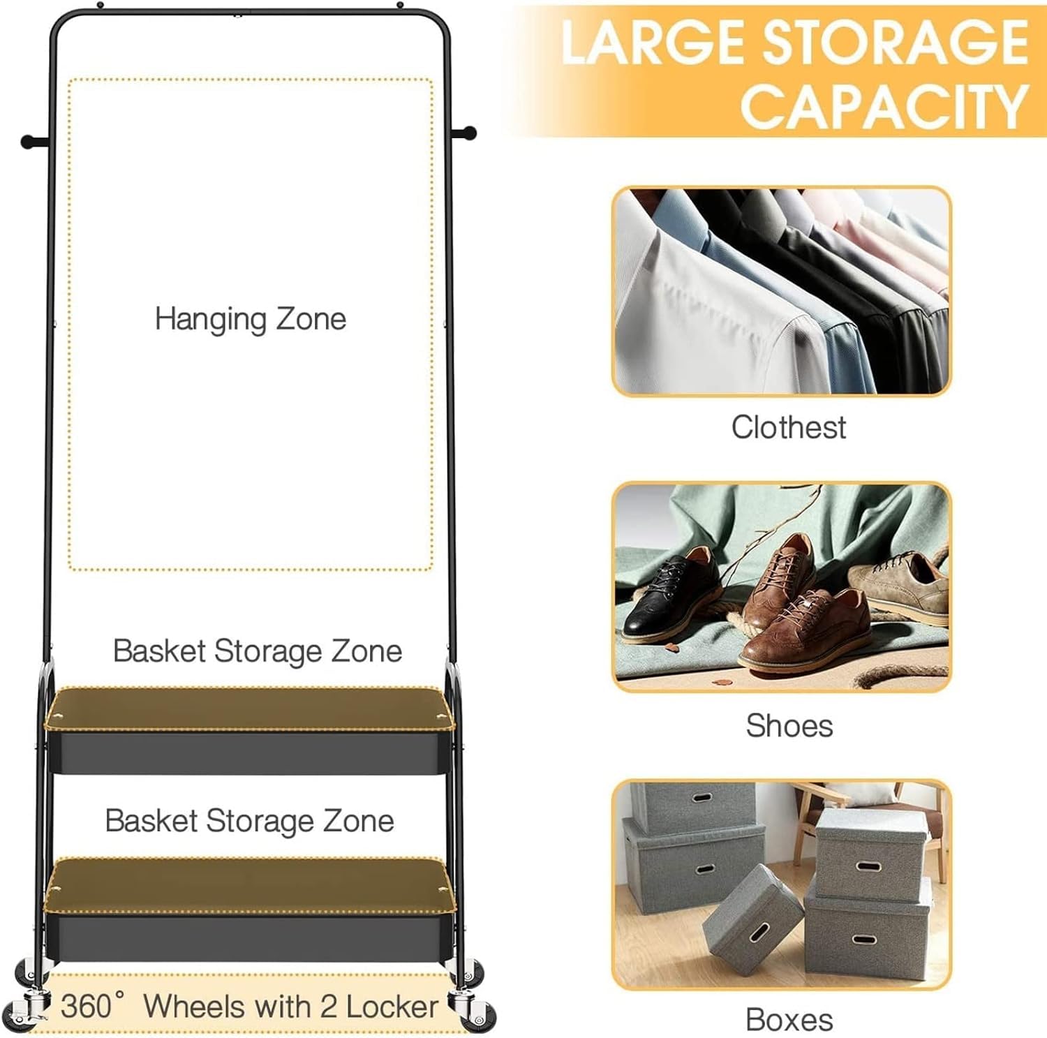 Lukzer 2-in-1 Portable Garment Rack with Wheels &amp; 2-Tier Metal Baskets (Black/White, 32x66x156cm)
