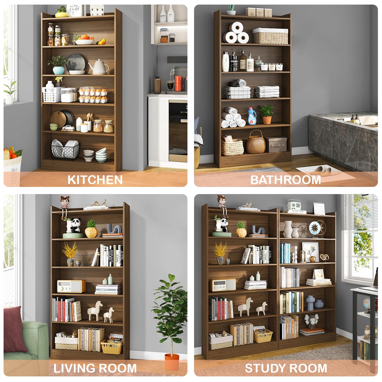 Lukzer 6-Layer Engineered Wood Bookshelf &amp; Open Display Rack – Multi-Purpose Organizer (White, Light Oak &amp; Oak Brown) | MR-007, 136x24x71cm