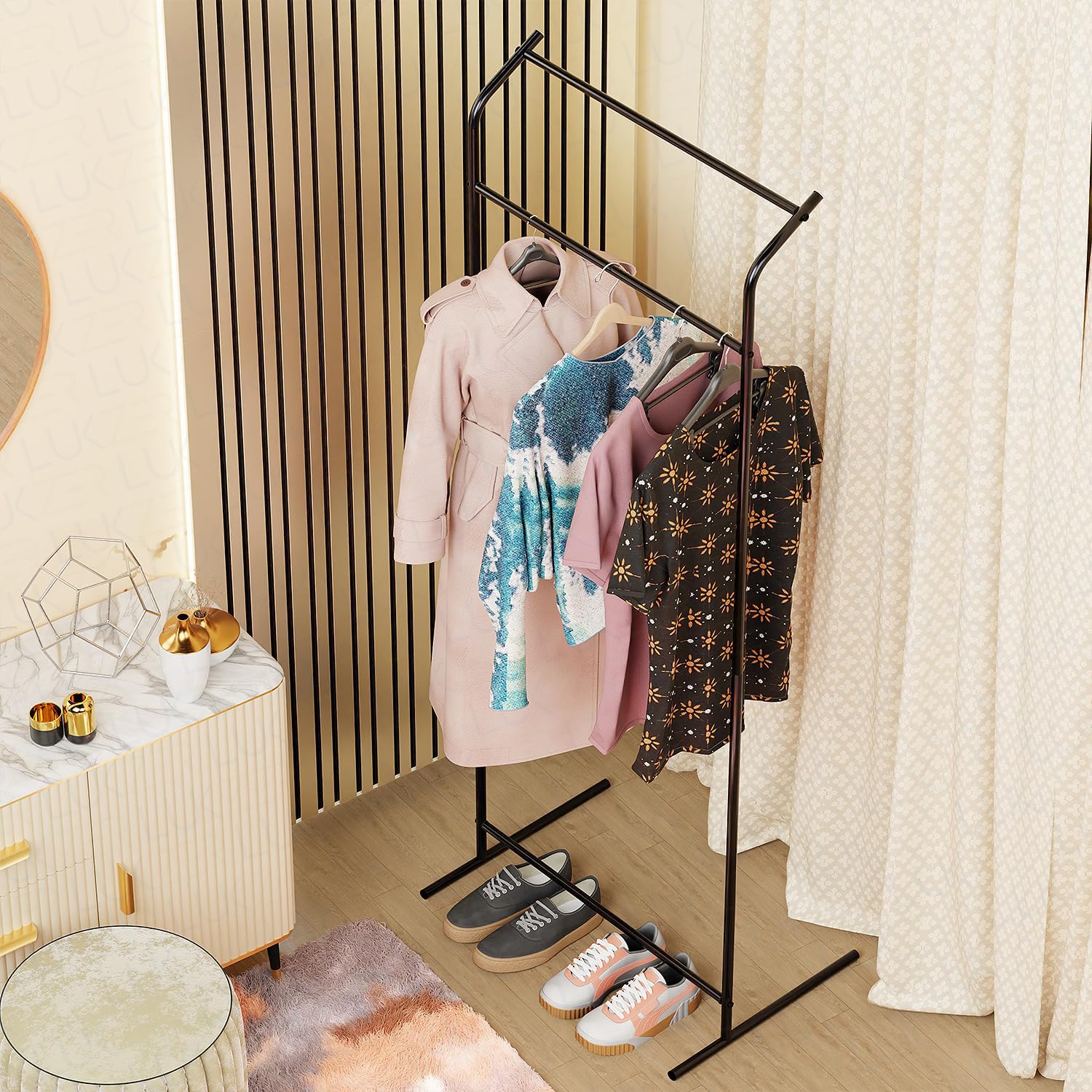 Lukzer Curve Design Double Pole Garment Rack – Sturdy Clothing Stand (Black, 160x63x43.5cm)
