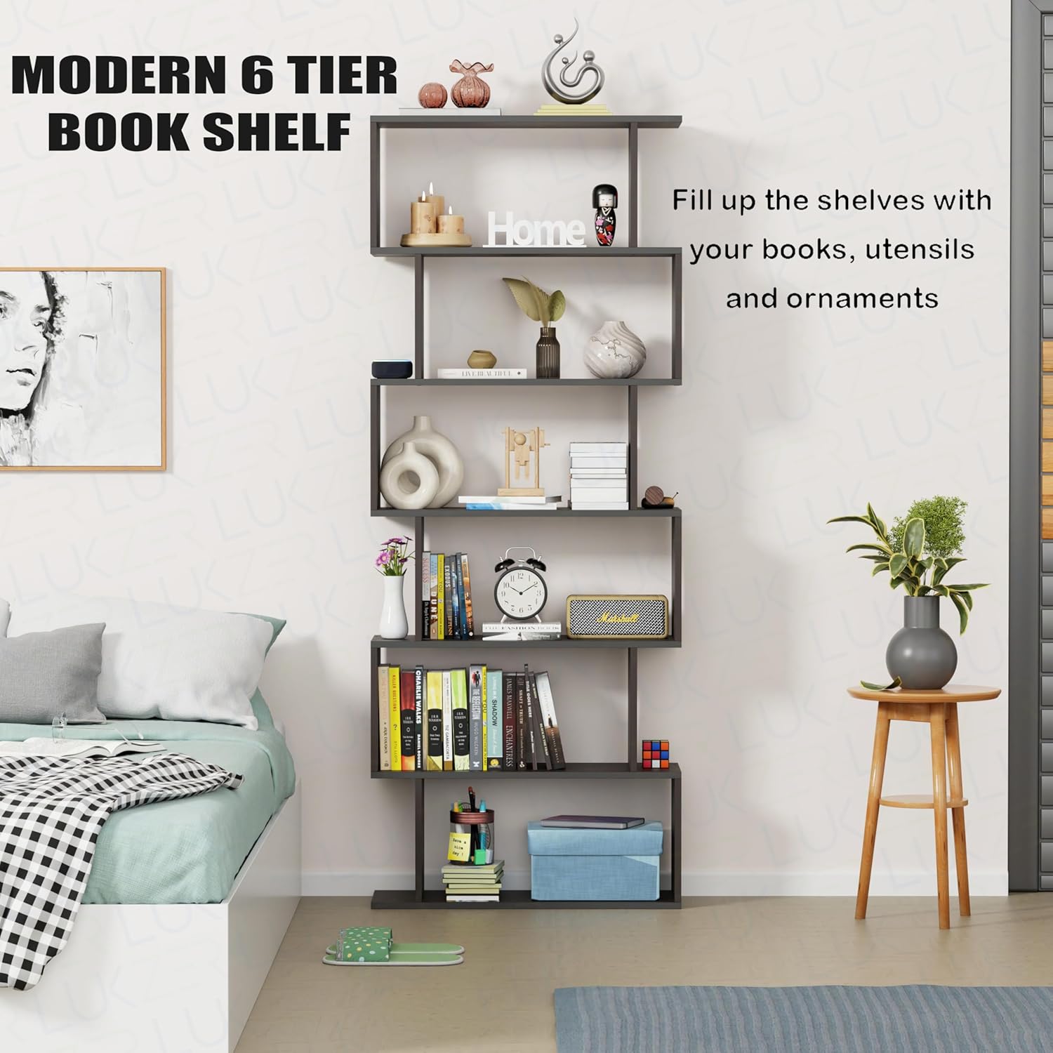Lukzer S-Shaped 6-Tier Bookshelf – Decorative &amp; Storage Rack (Light Oak, Wenge, White, Black) (MR-002)