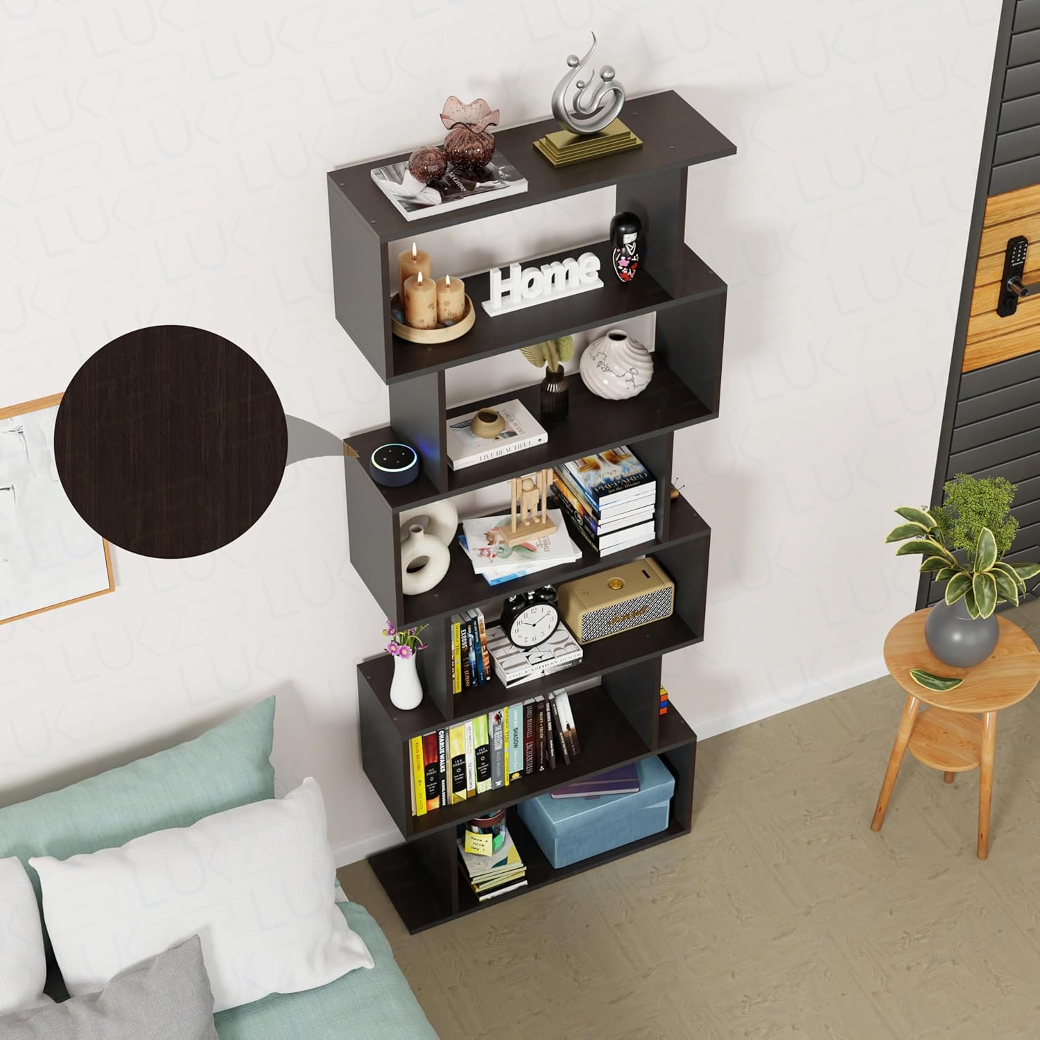 Lukzer S-Shaped 6-Tier Bookshelf – Decorative &amp; Storage Rack (Light Oak, Wenge, White, Black) (MR-002)
