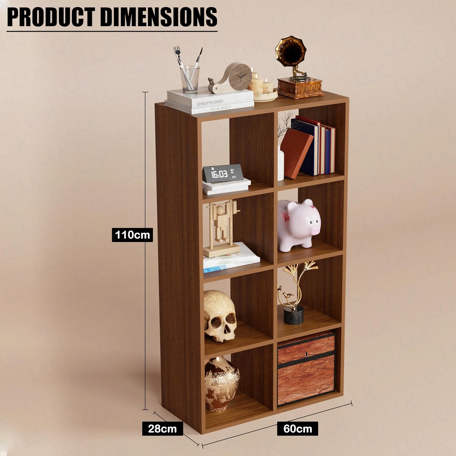 Lukzer 8-Shelf Engineered Wood Bookshelf &amp; Open Display Rack – Dual Color (White &amp; Oak Brown) | MR-009, 110x60x28 cm