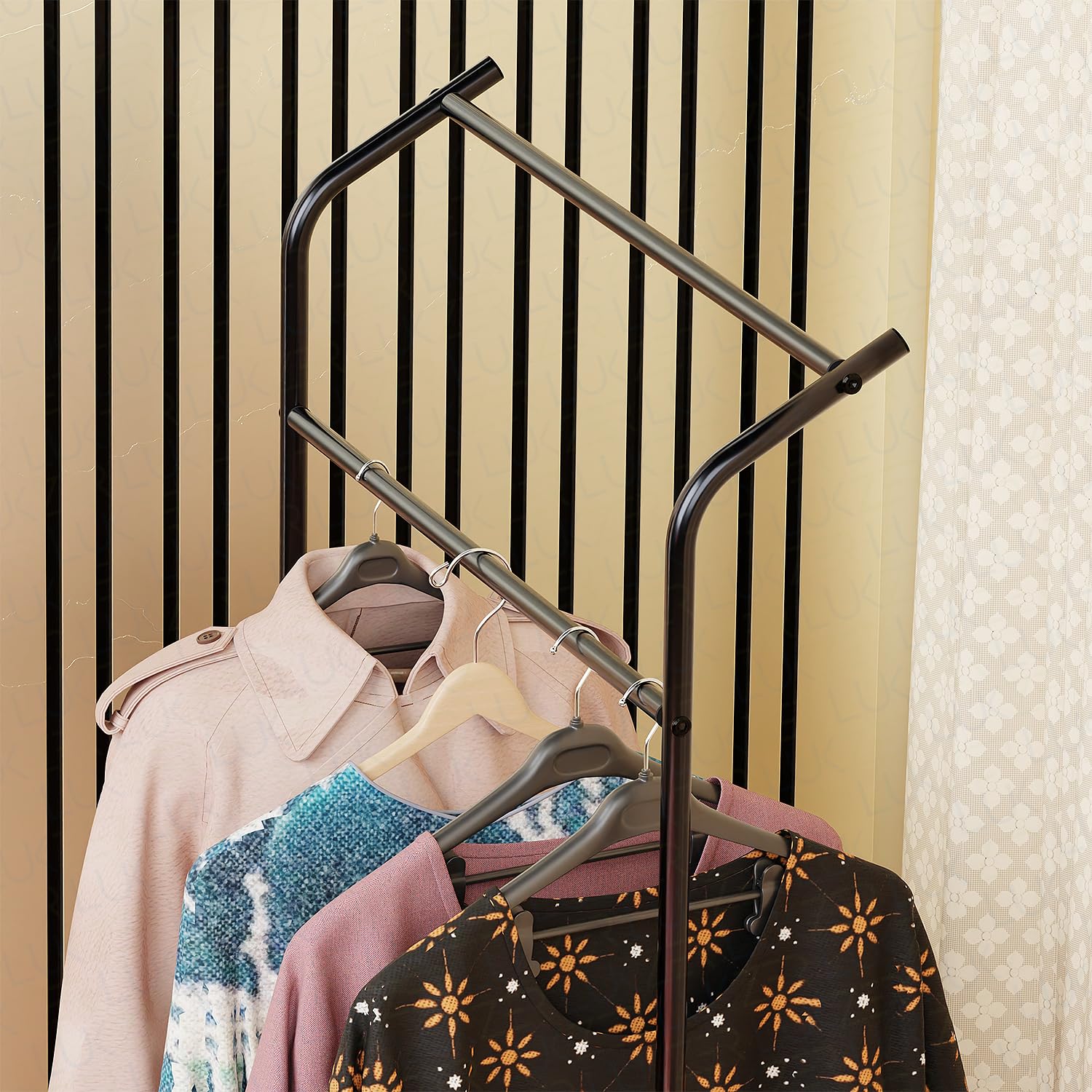 Lukzer Curve Design Double Pole Garment Rack – Sturdy Clothing Stand (Black, 160x63x43.5cm)