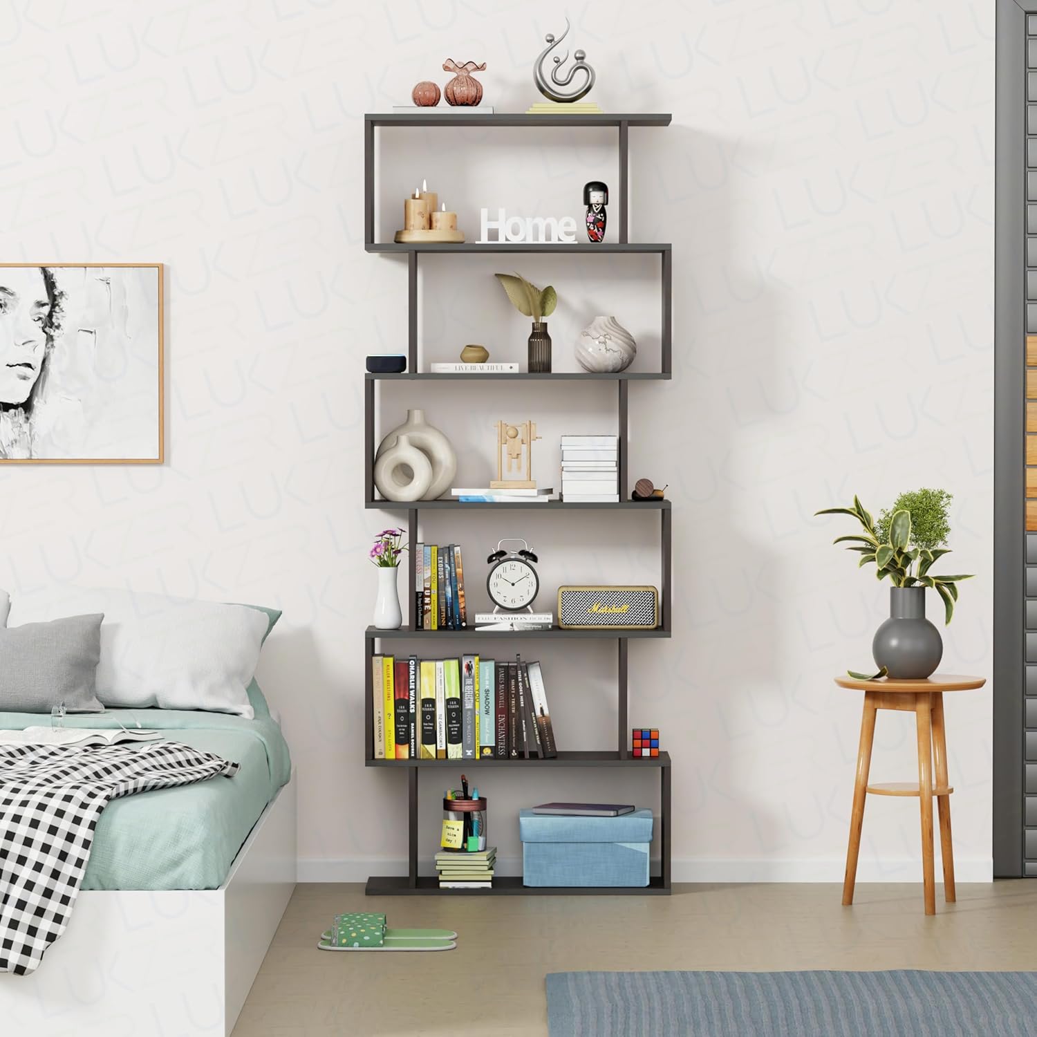 Lukzer S-Shaped 6-Tier Bookshelf – Decorative &amp; Storage Rack (Light Oak, Wenge, White, Black) (MR-002)