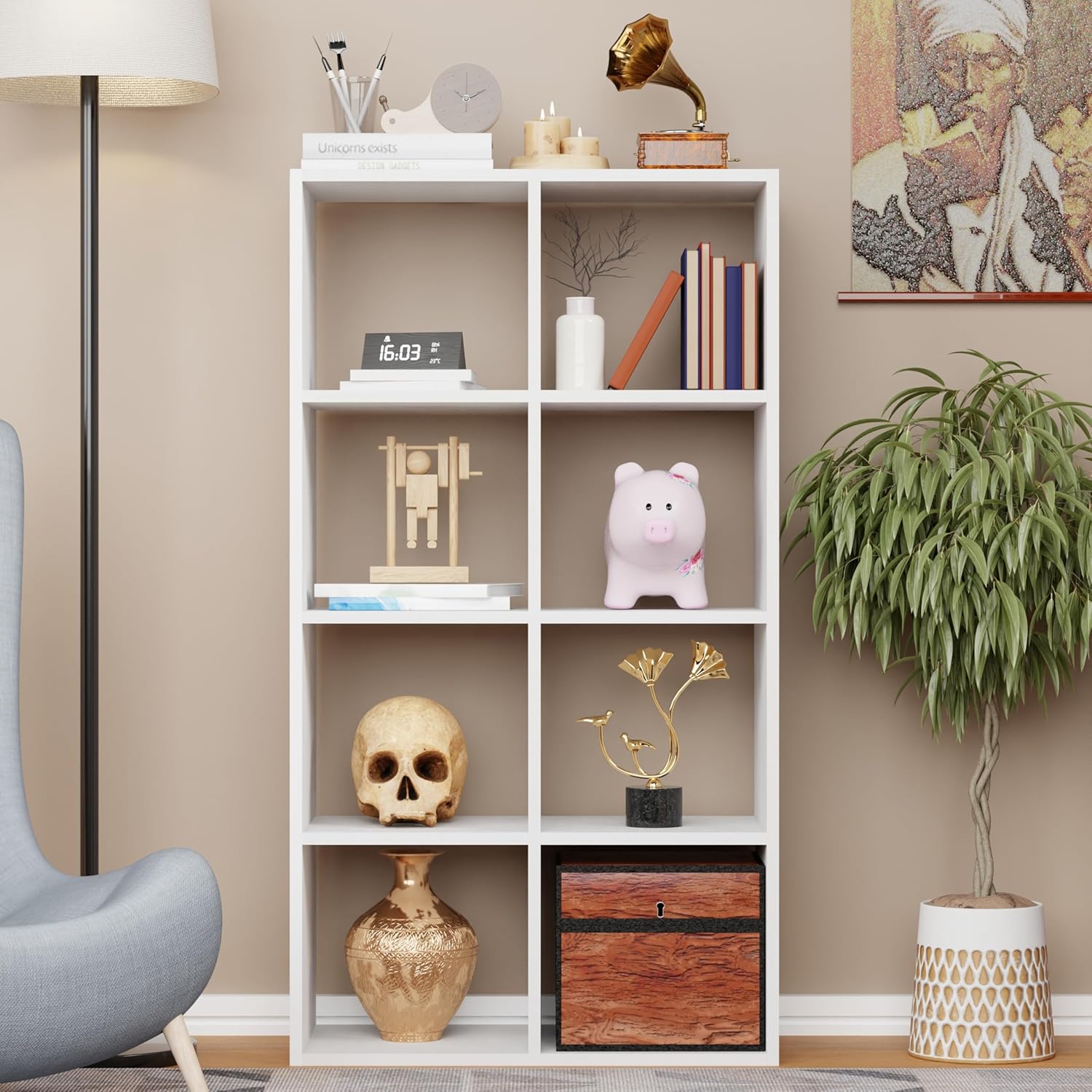 Lukzer 8-Shelf Engineered Wood Bookshelf &amp; Open Display Rack – Dual Color (White &amp; Oak Brown) | MR-009, 110x60x28 cm
