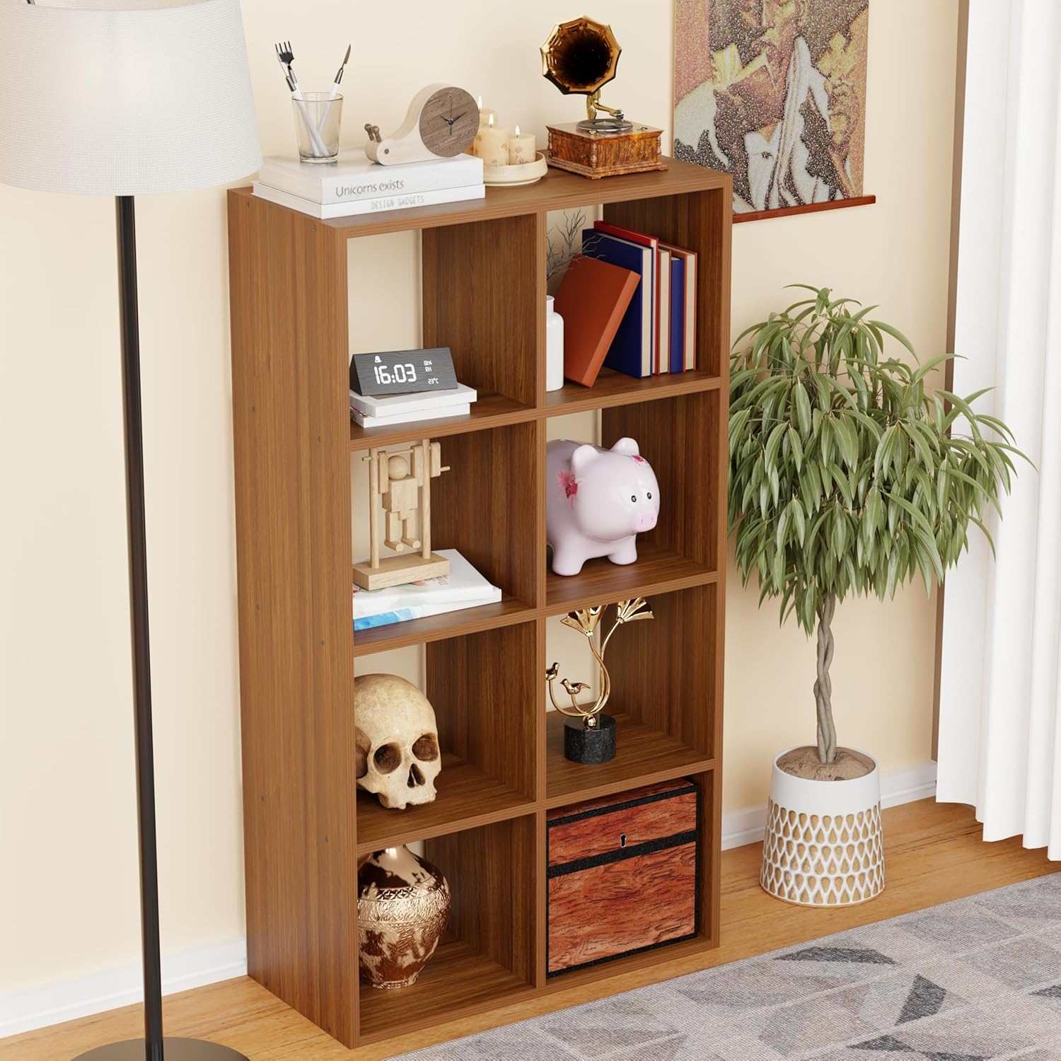 Lukzer 8-Shelf Engineered Wood Bookshelf &amp; Open Display Rack – Dual Color (White &amp; Oak Brown) | MR-009, 110x60x28 cm