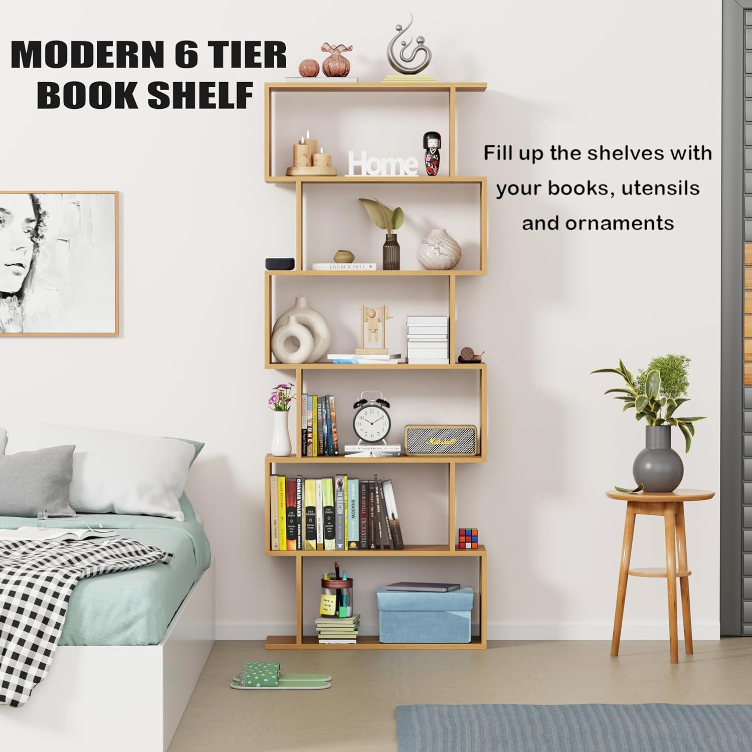 Lukzer S-Shaped 6-Tier Bookshelf – Decorative &amp; Storage Rack (Light Oak, Wenge, White, Black) (MR-002)