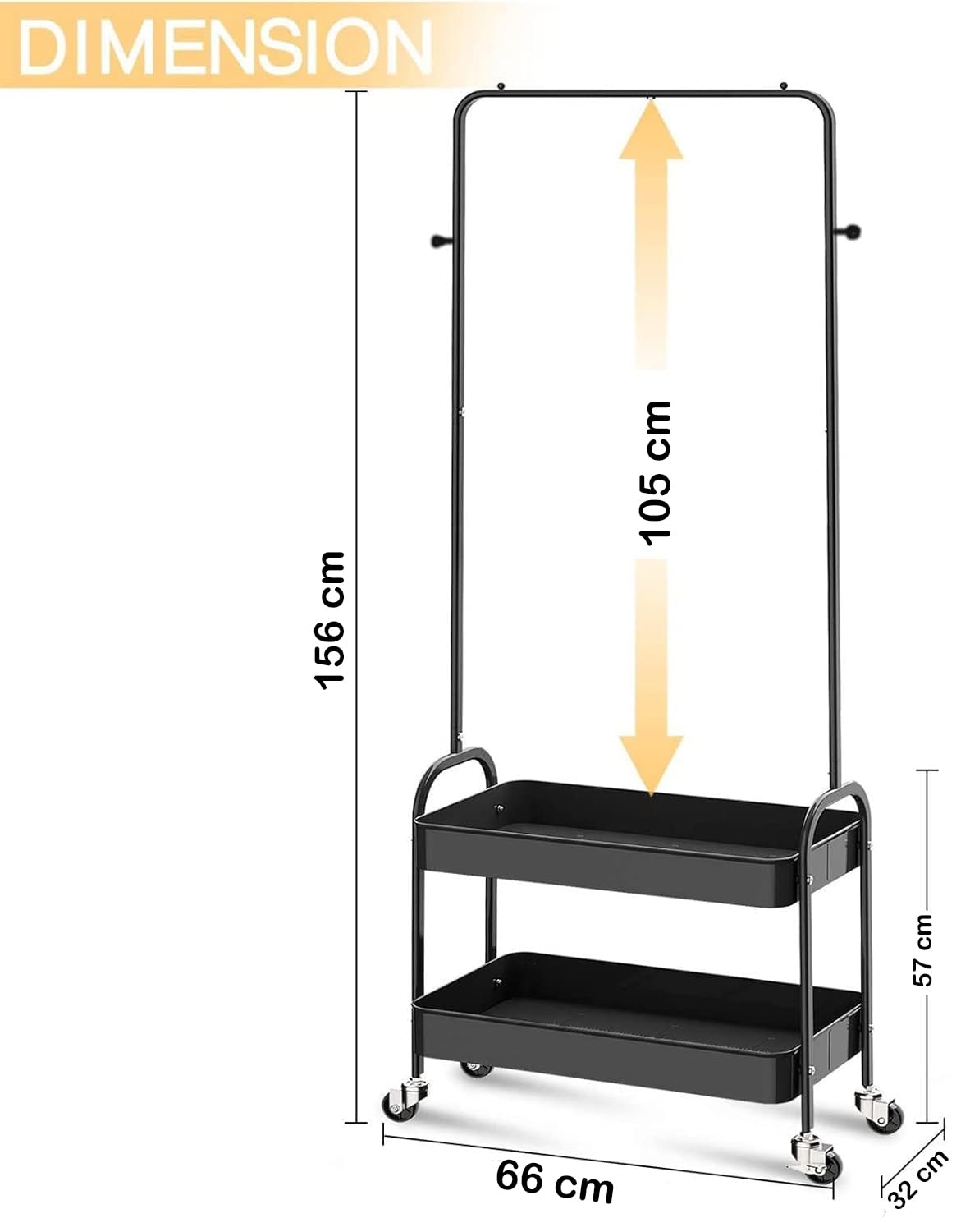 Lukzer 2-in-1 Portable Garment Rack with Wheels &amp; 2-Tier Metal Baskets (Black/White, 32x66x156cm)