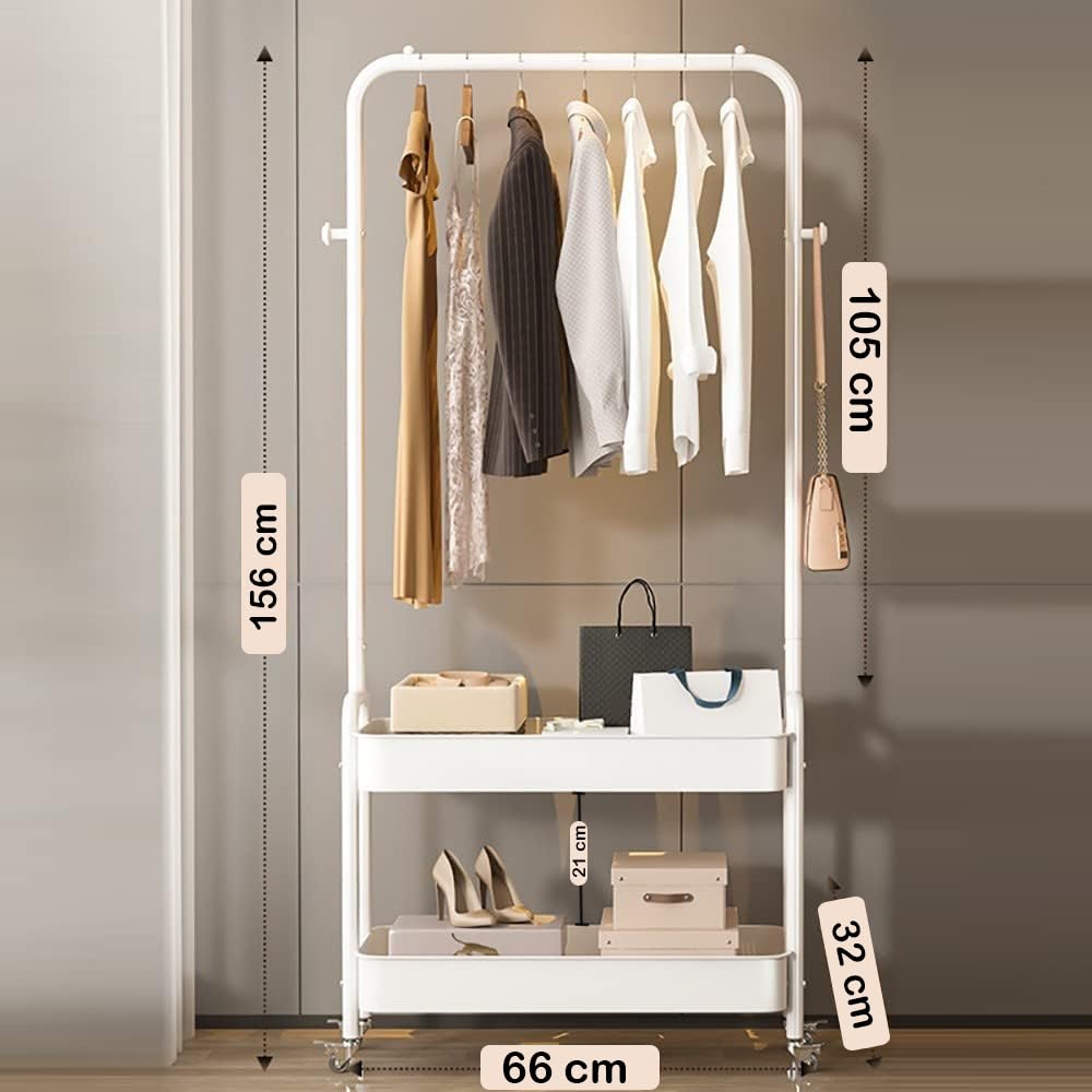 Lukzer 2-in-1 Portable Garment Rack with Wheels &amp; 2-Tier Metal Baskets (Black/White, 32x66x156cm)