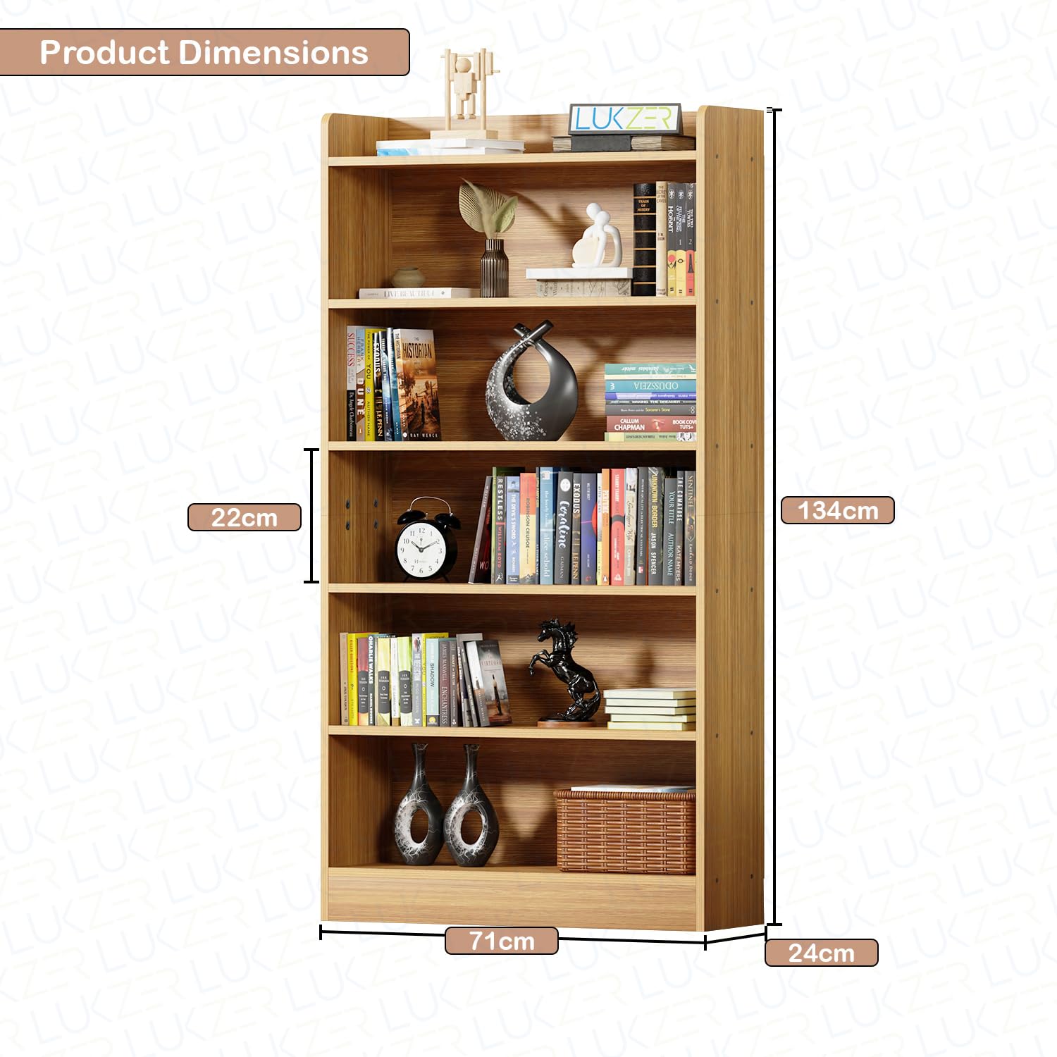 Lukzer 6-Layer Engineered Wood Bookshelf &amp; Open Display Rack – Multi-Purpose Organizer (White, Light Oak &amp; Oak Brown) | MR-007, 136x24x71cm