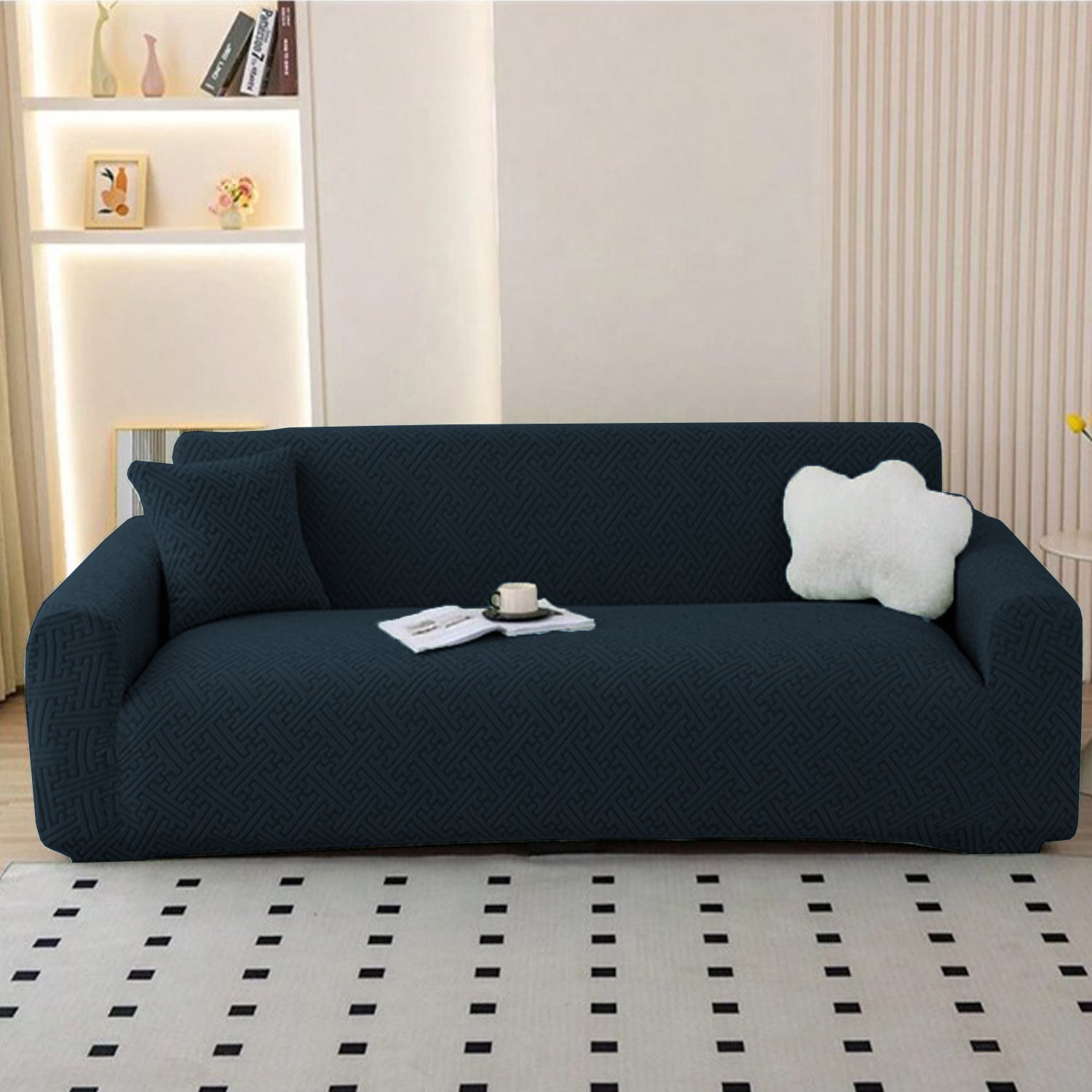 Jacquard Sofa Cover (Pastel Marine Blue Grid Maze)