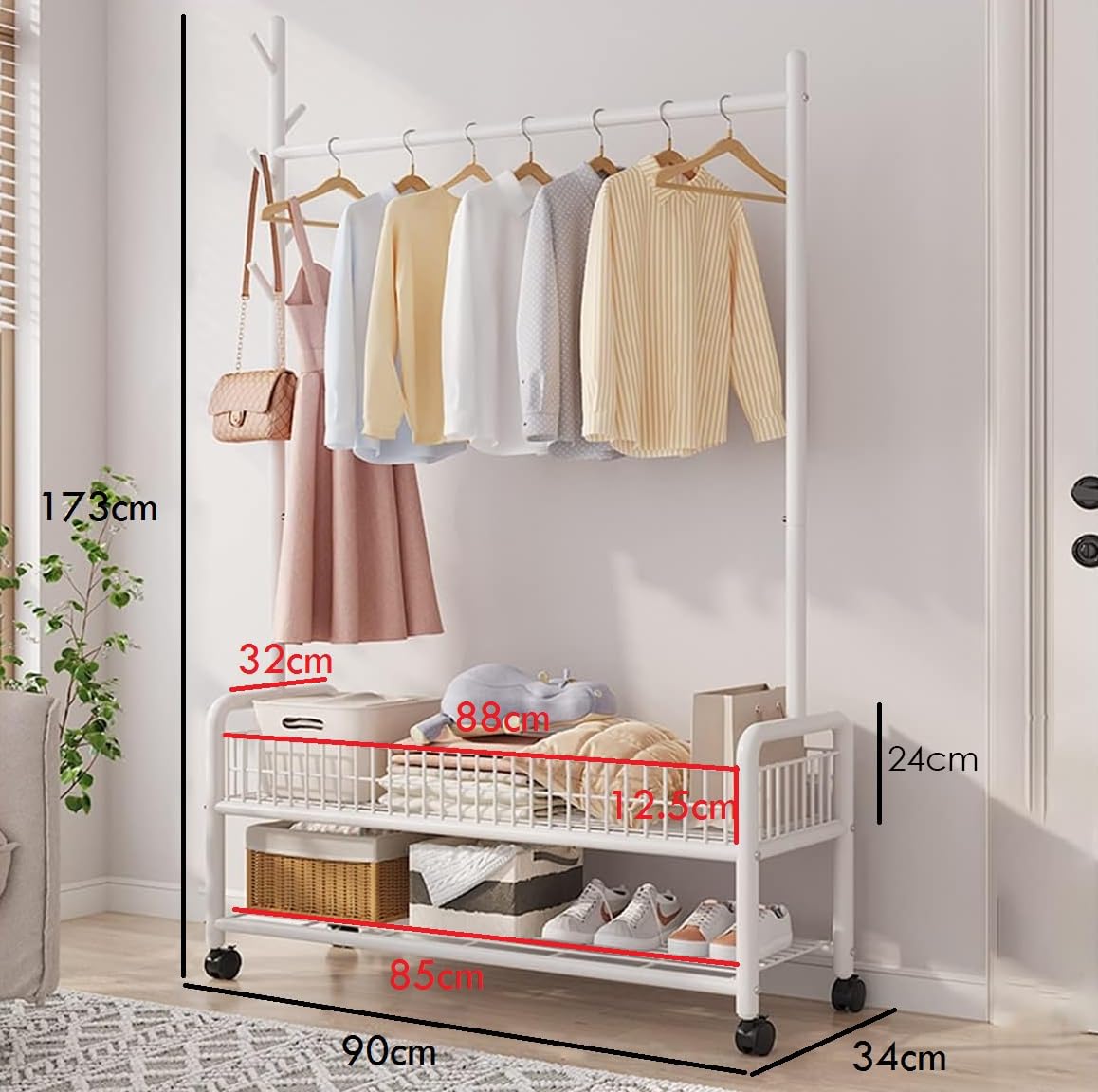 Lukzer 2-Bottom Shelf Garment Stand – Mesh Design, 90cm (Gold/Black/White)