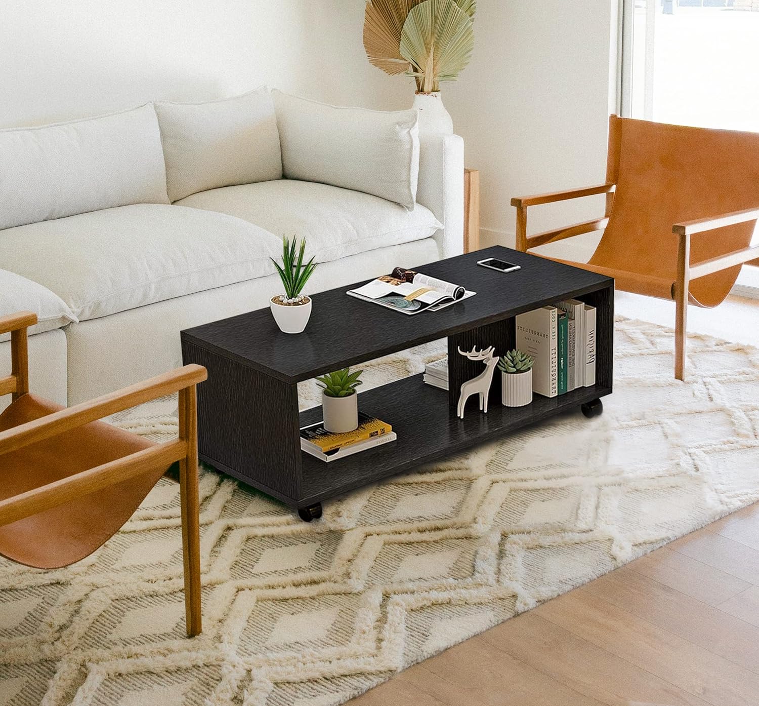 Lukzer Center Table with Open Storage &amp; Wheels – Modern Coffee Table Organizer (Light Oak, White &amp; Wenge) | CT-003