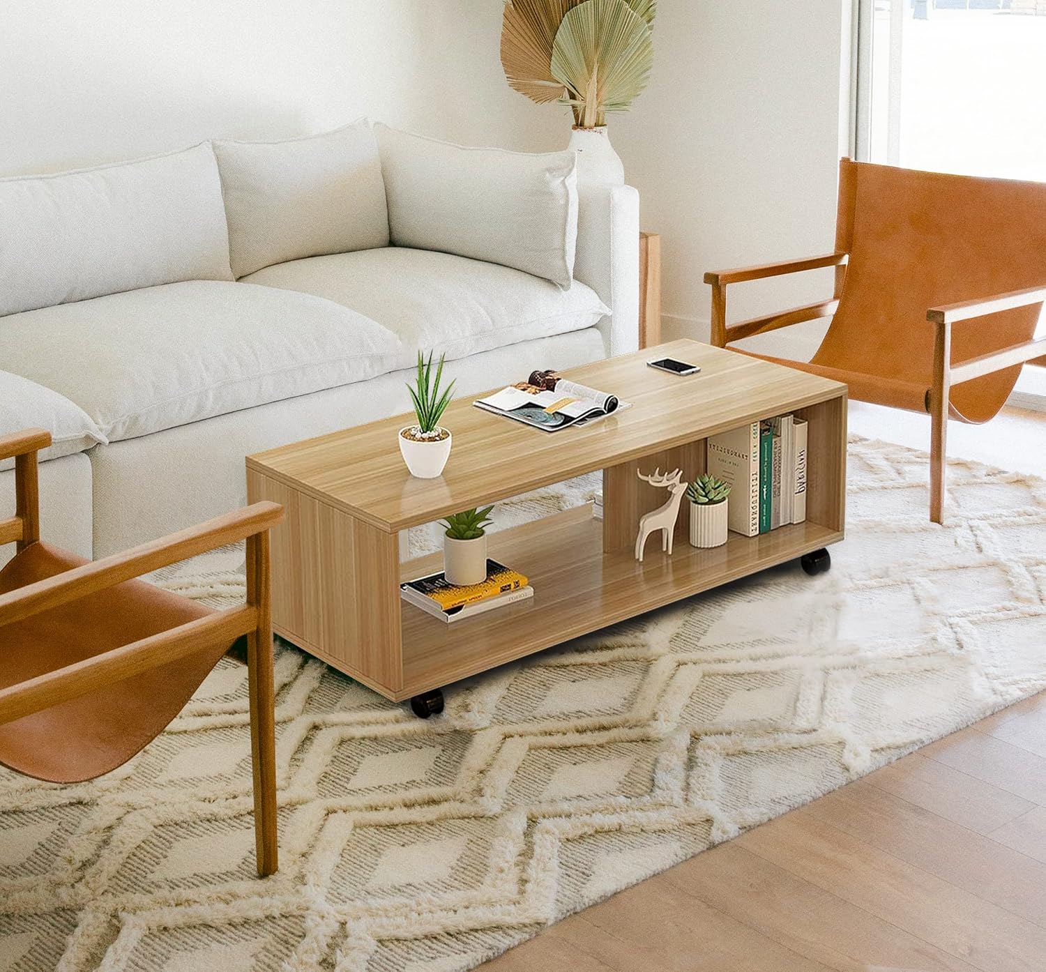 Lukzer Center Table with Open Storage &amp; Wheels – Modern Coffee Table Organizer (Light Oak, White &amp; Wenge) | CT-003
