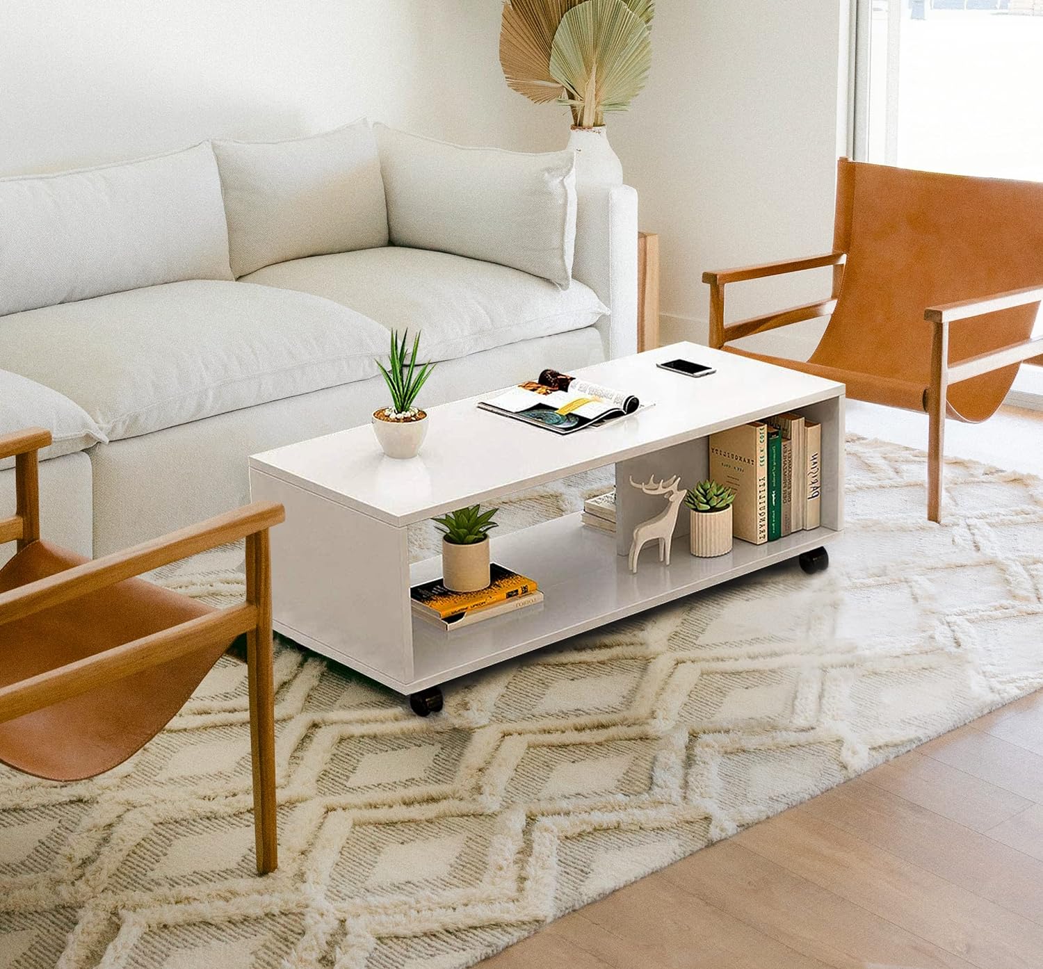 Lukzer Center Table with Open Storage &amp; Wheels – Modern Coffee Table Organizer (Light Oak, White &amp; Wenge) | CT-003