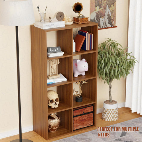 Lukzer 8-Shelf Engineered Wood Bookshelf & Open Display Rack – Dual Color (White & Oak Brown) | MR-009, 110x60x28 cm