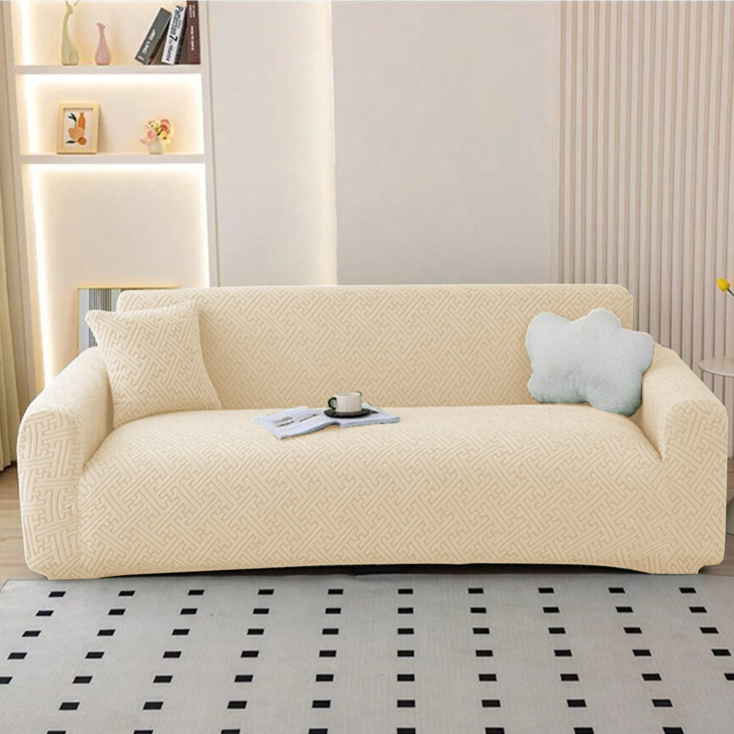Jacquard Sofa Cover (Pastel Marine Blue Grid Maze)