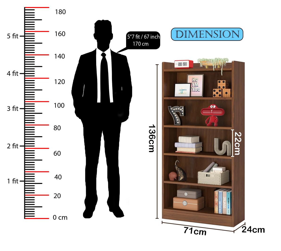 Lukzer 6-Layer Engineered Wood Bookshelf &amp; Open Display Rack – Multi-Purpose Organizer (White, Light Oak &amp; Oak Brown) | MR-007, 136x24x71cm