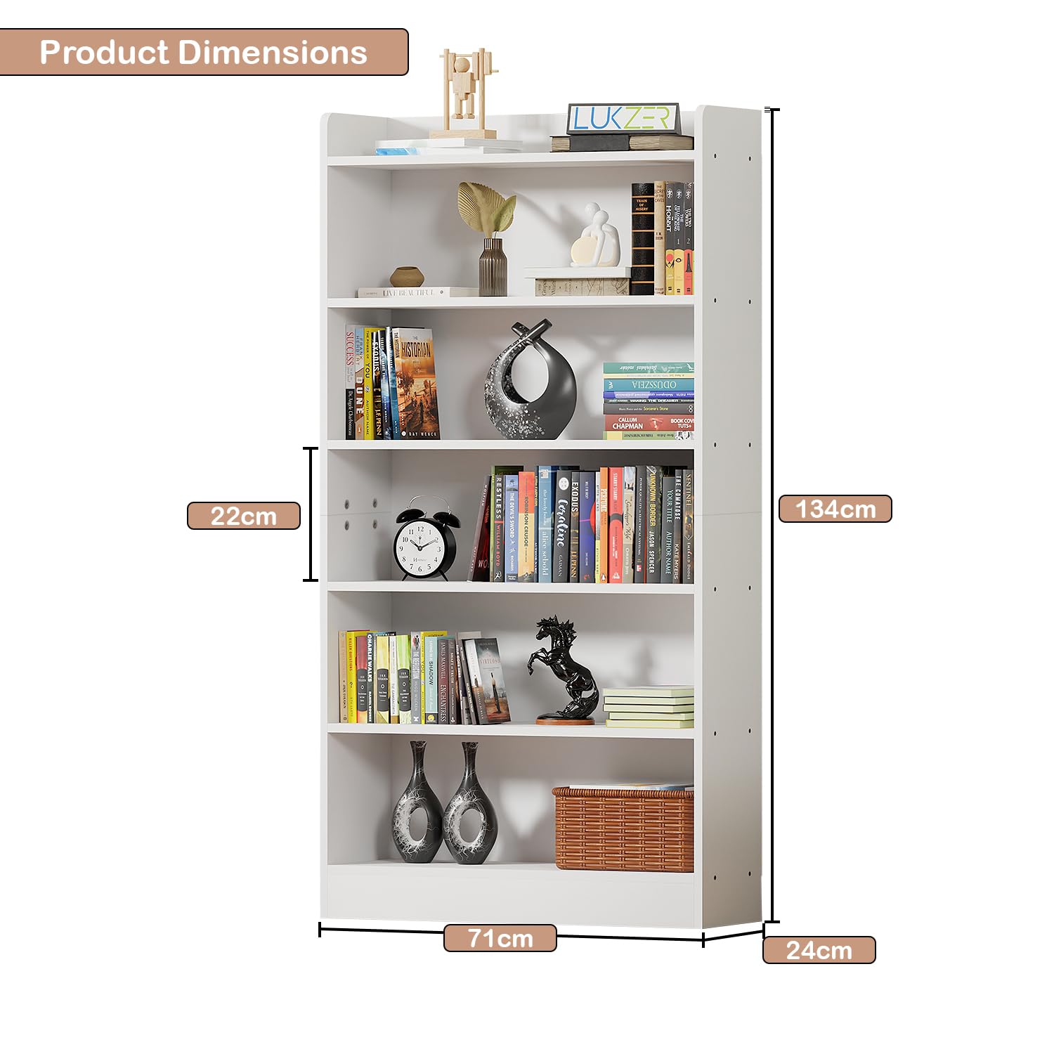 Lukzer 6-Layer Engineered Wood Bookshelf &amp; Open Display Rack – Multi-Purpose Organizer (White, Light Oak &amp; Oak Brown) | MR-007, 136x24x71cm