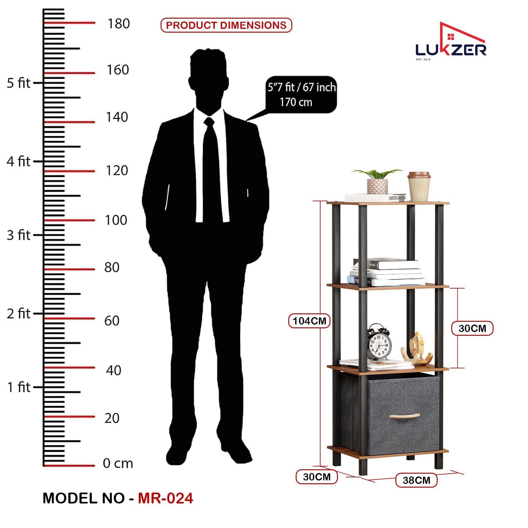 Lukzer Multipurpose Storage Rack – Metal Frame with Fabric Drawers (White/Oak Brown/Wenge, Model: MR-024)