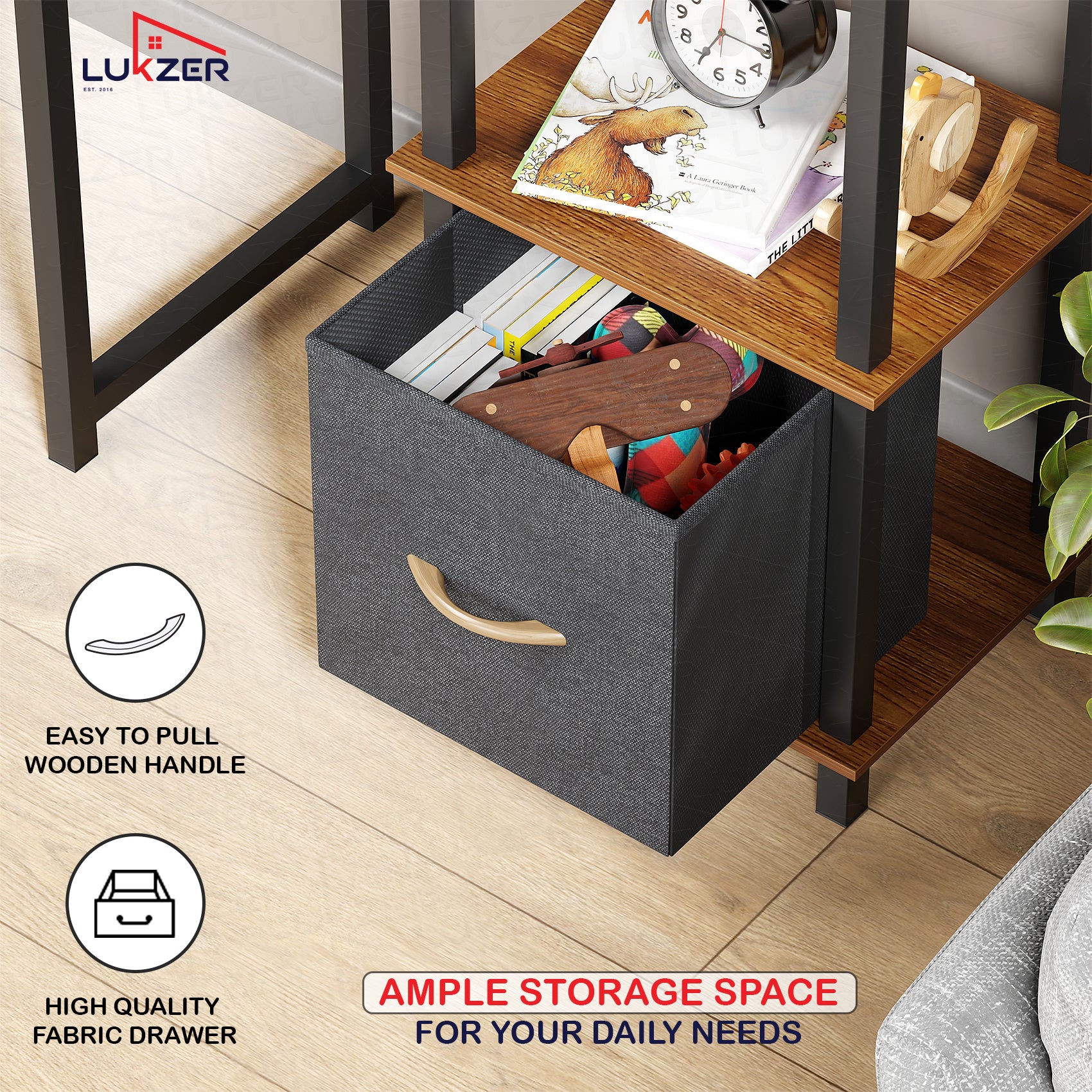 Lukzer Multipurpose Storage Rack – Metal Frame with Fabric Drawers (White/Oak Brown/Wenge, Model: MR-024)