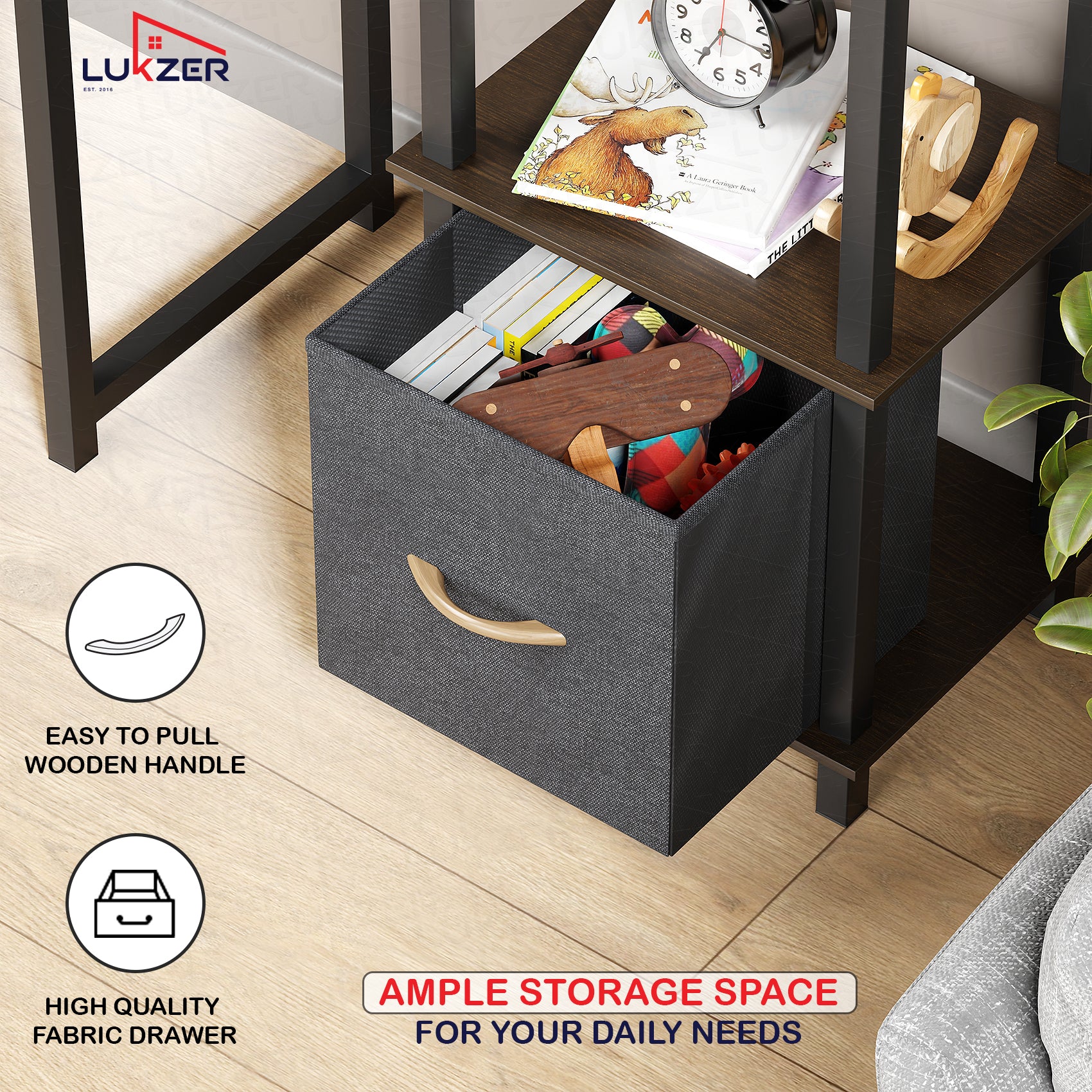 Lukzer Multipurpose Storage Rack – Metal Frame with Fabric Drawers (White/Oak Brown/Wenge, Model: MR-024)