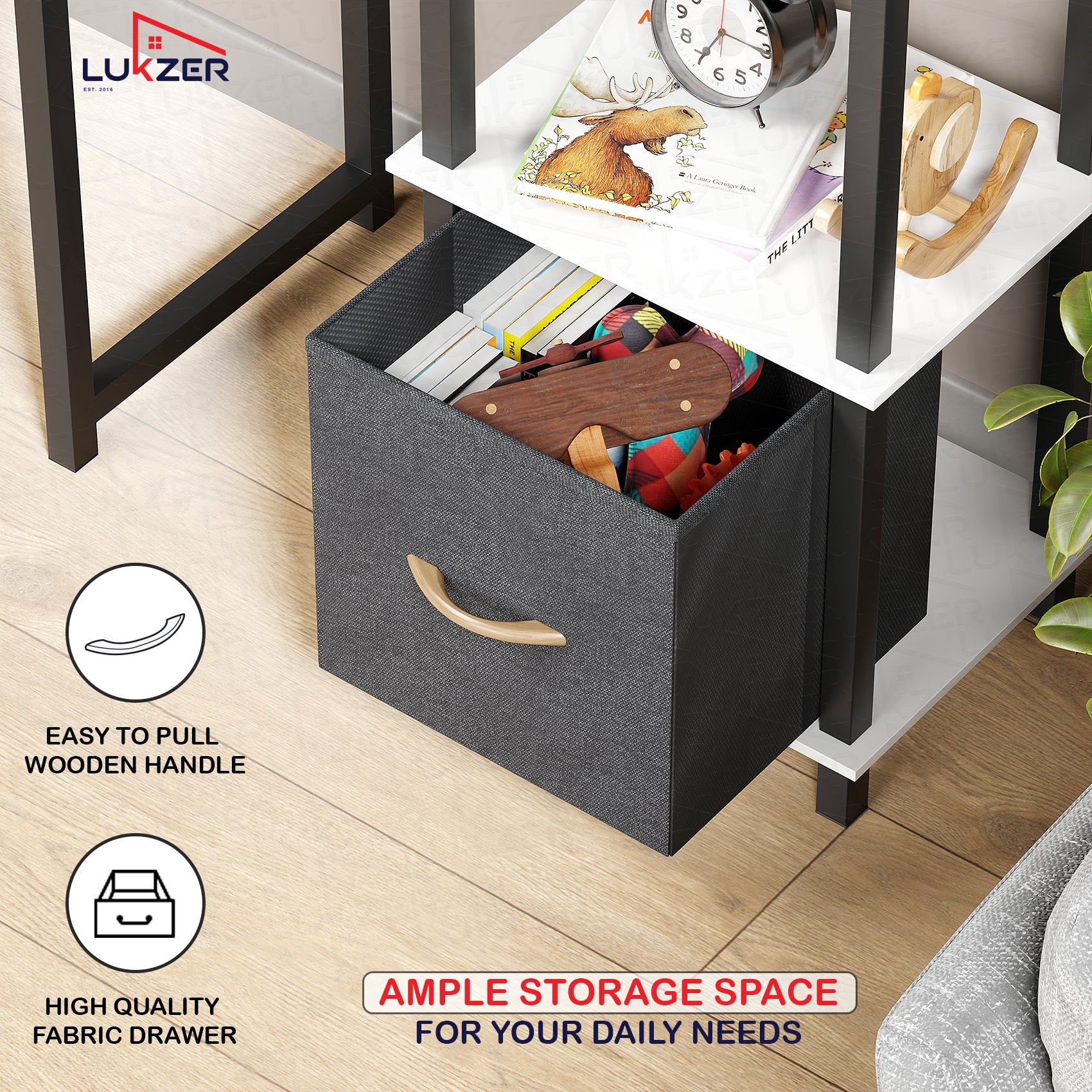 Lukzer Multipurpose Storage Rack – Metal Frame with Fabric Drawers (White/Oak Brown/Wenge, Model: MR-024)