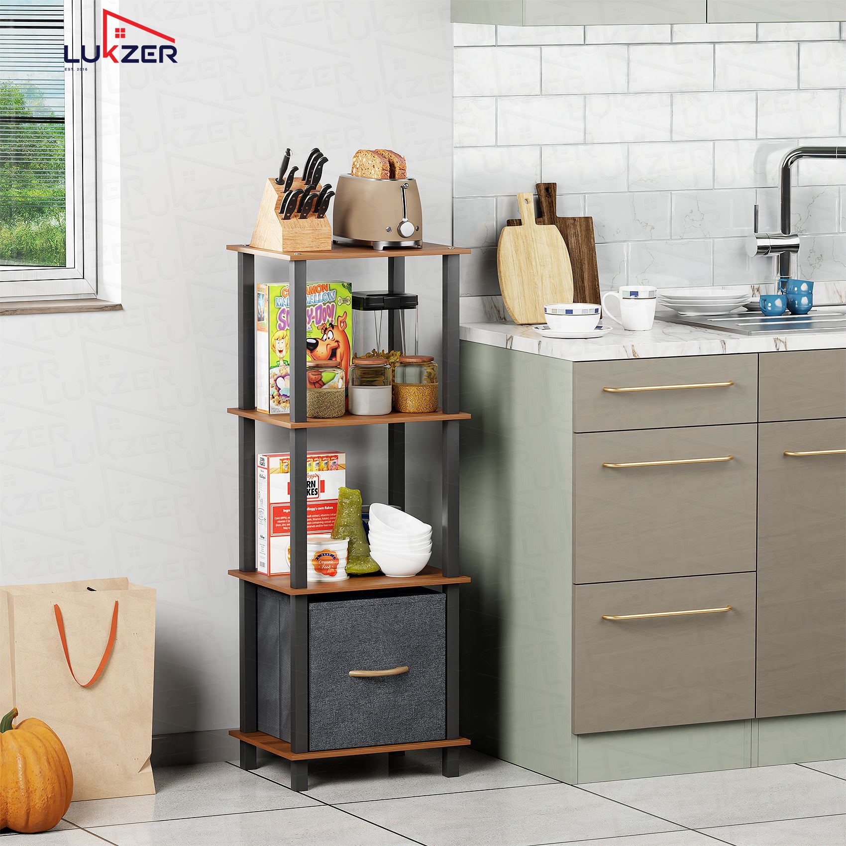 Lukzer Multipurpose Storage Rack – Metal Frame with Fabric Drawers (White/Oak Brown/Wenge, Model: MR-024)
