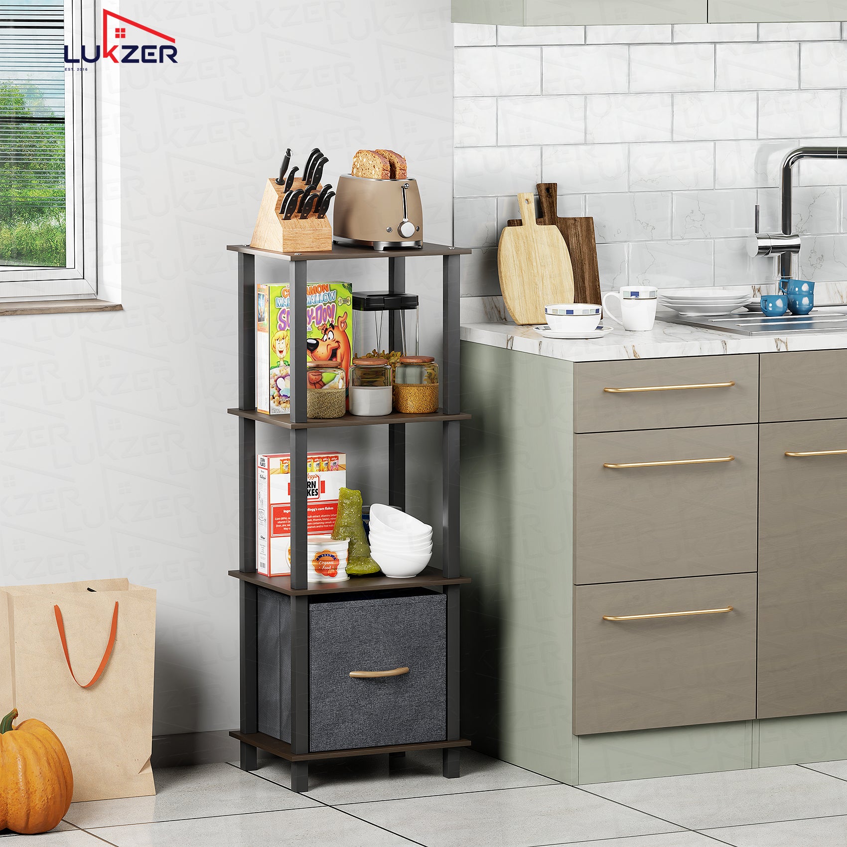 Lukzer Multipurpose Storage Rack – Metal Frame with Fabric Drawers (White/Oak Brown/Wenge, Model: MR-024)