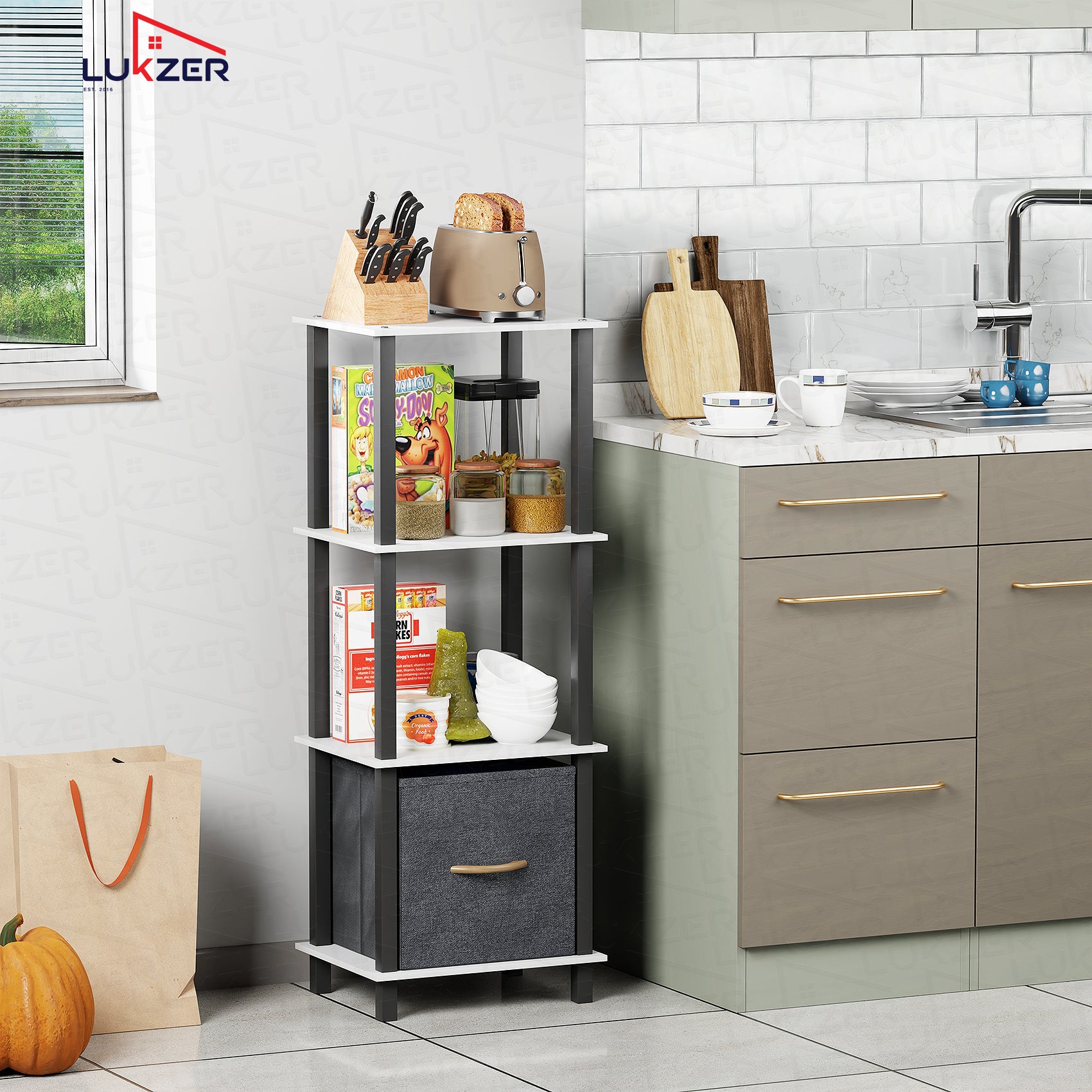 Lukzer Multipurpose Storage Rack – Metal Frame with Fabric Drawers (White/Oak Brown/Wenge, Model: MR-024)